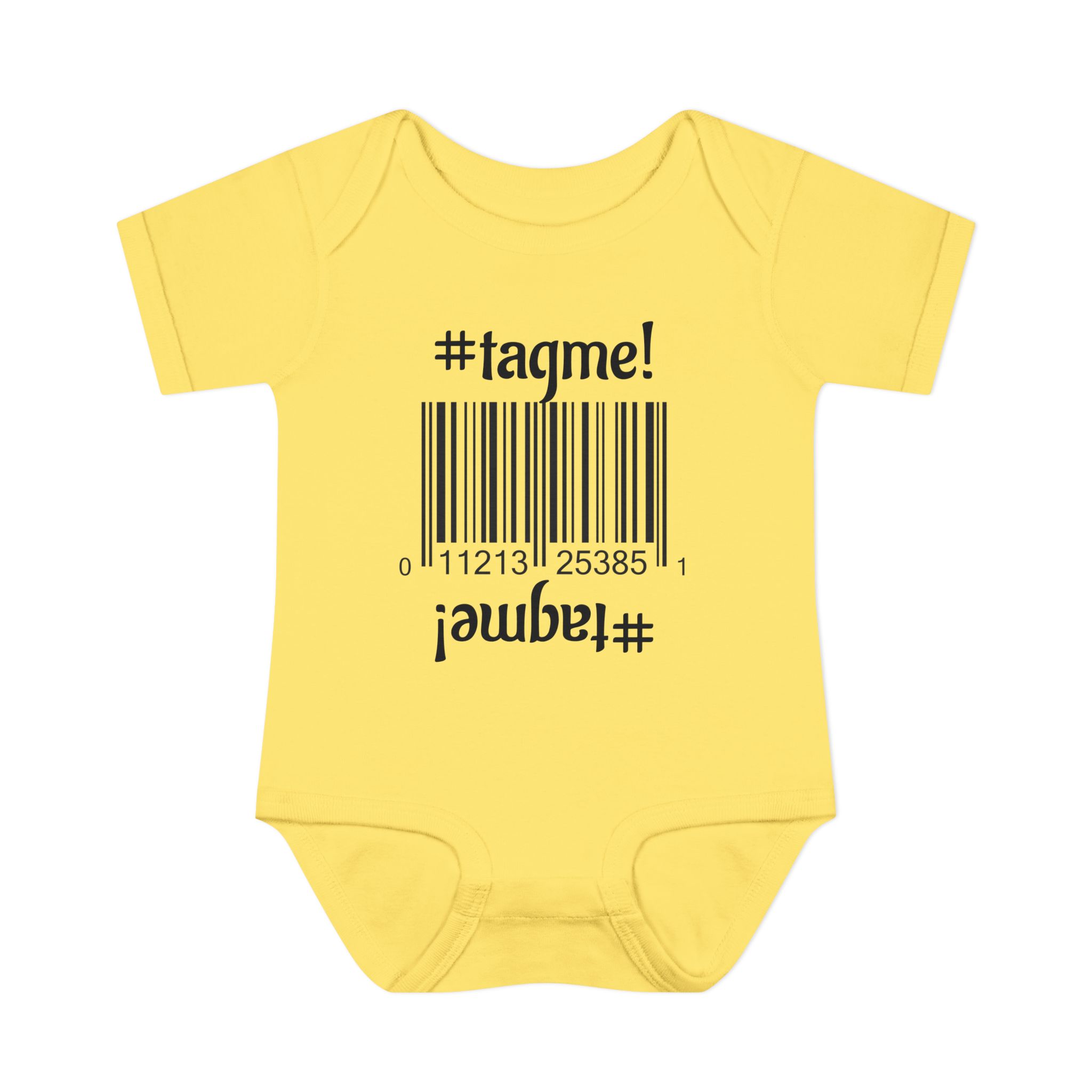 Cotton baby bodysuit with barcode and #tagme design by Molanizzi
