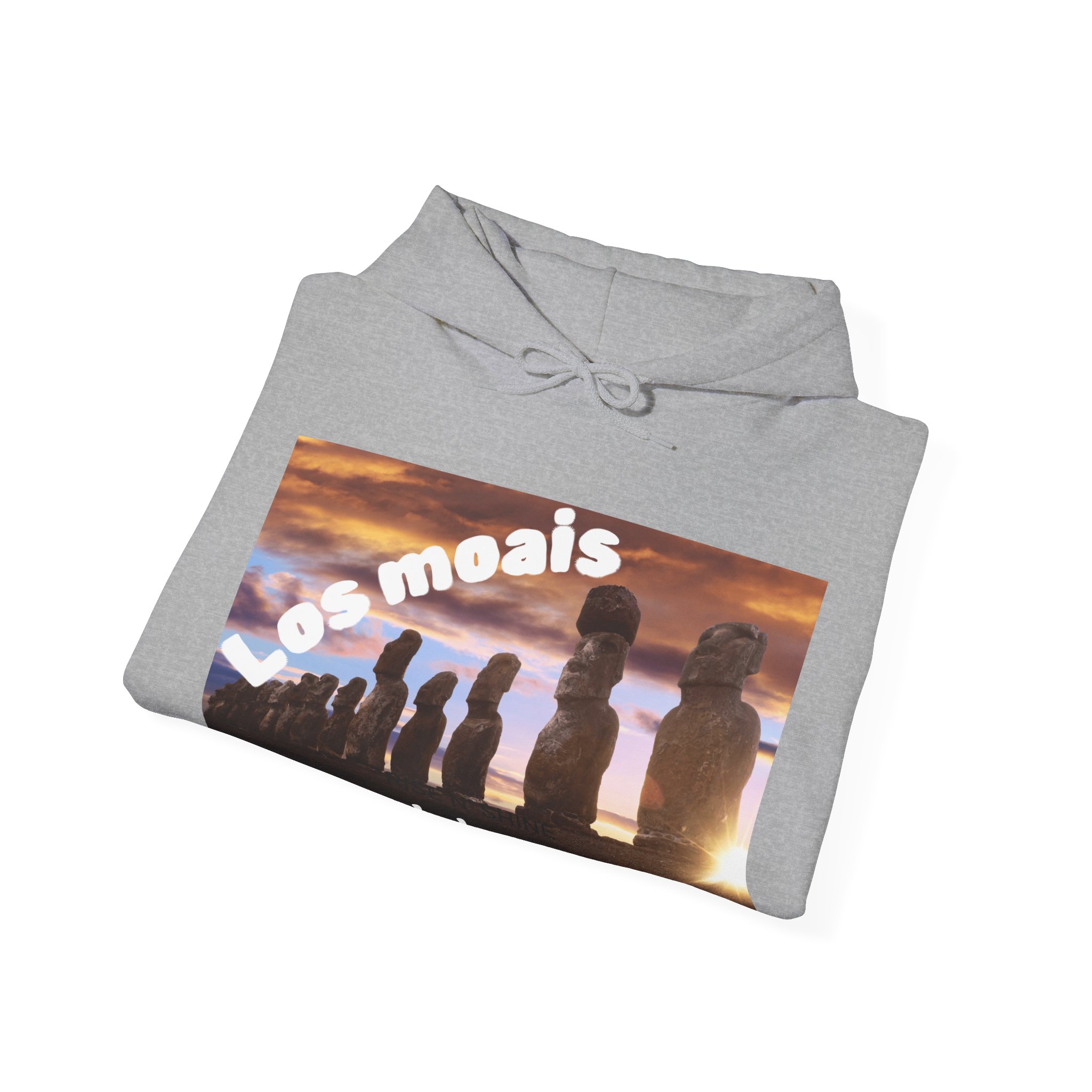 Hoodie sweatshirt with Easter Island Moai graphic and text. By Molanizzi