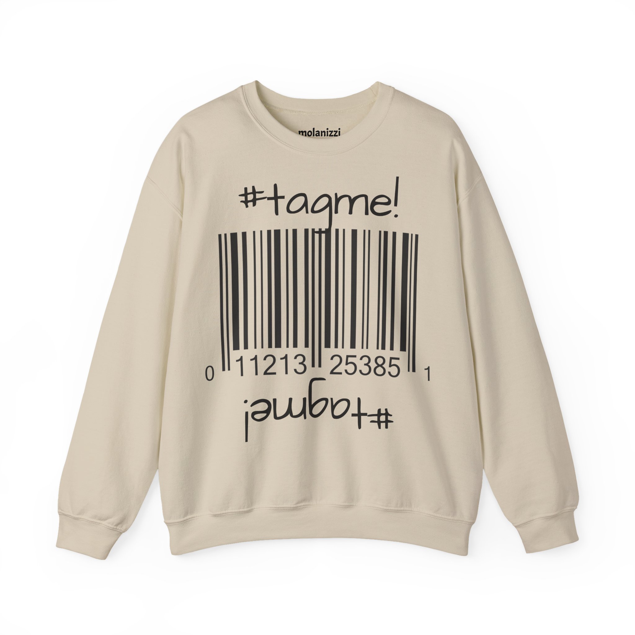 Crewneck sweatshirt with "#tagme!" barcode graphic by Molanizzi
