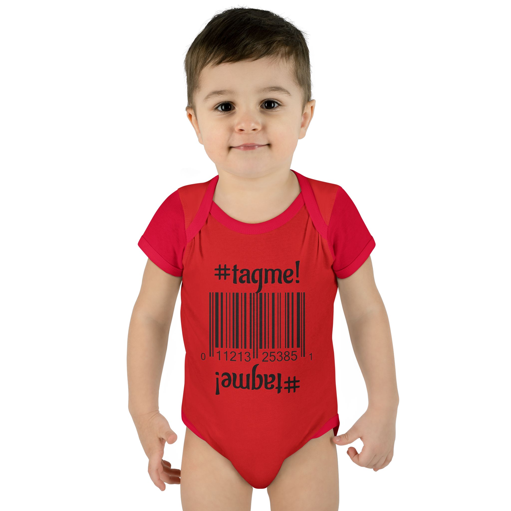 Cotton #tagme baby bodysuit with barcode design by Molanizzi