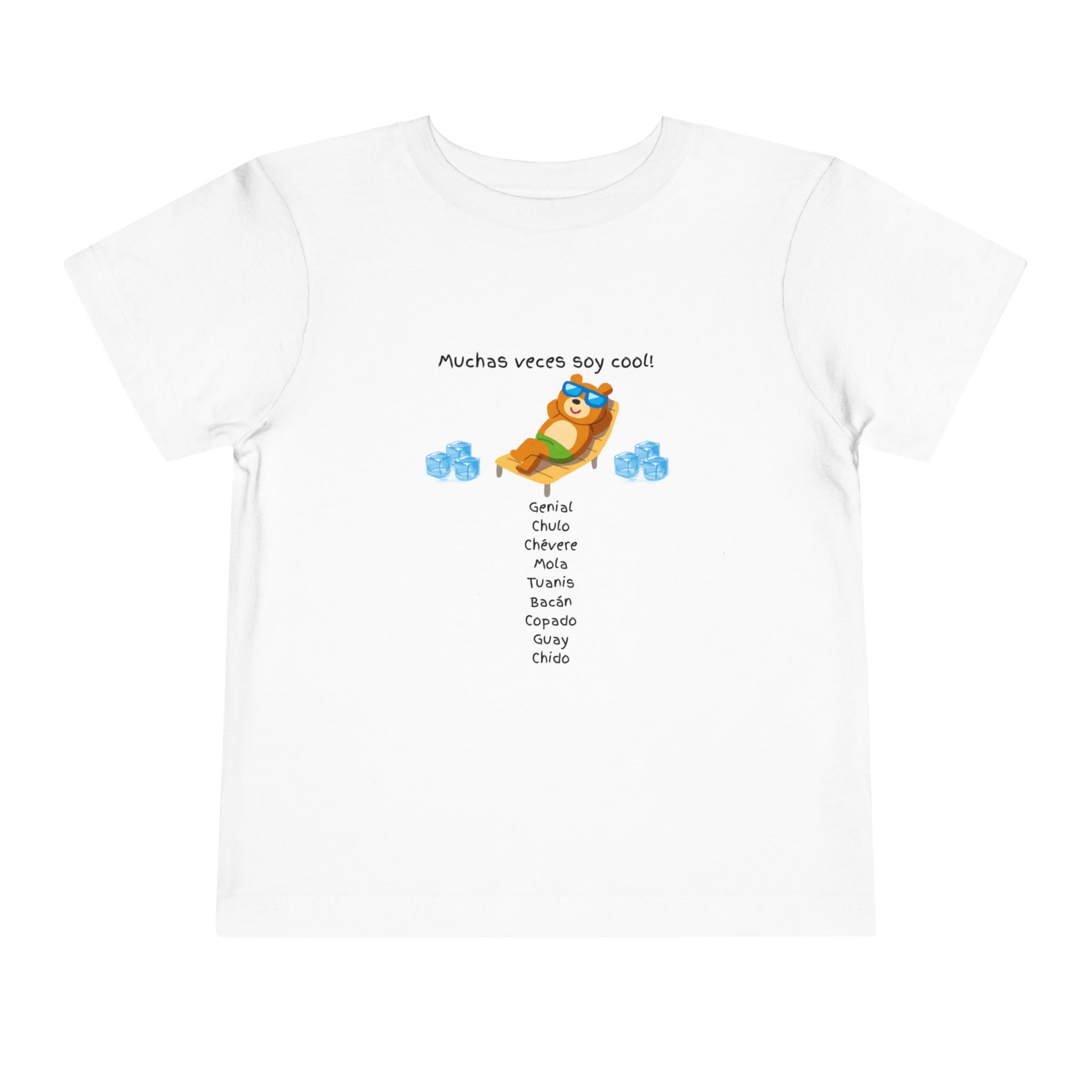 Toddler tee with "Muchas veces soy cool!" Spanish text and bear graphic