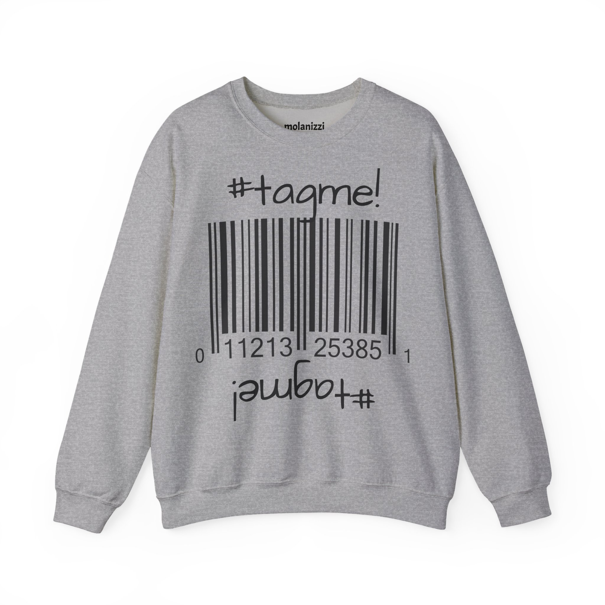 Crewneck sweatshirt with "#tagme!" barcode graphic by Molanizzi
