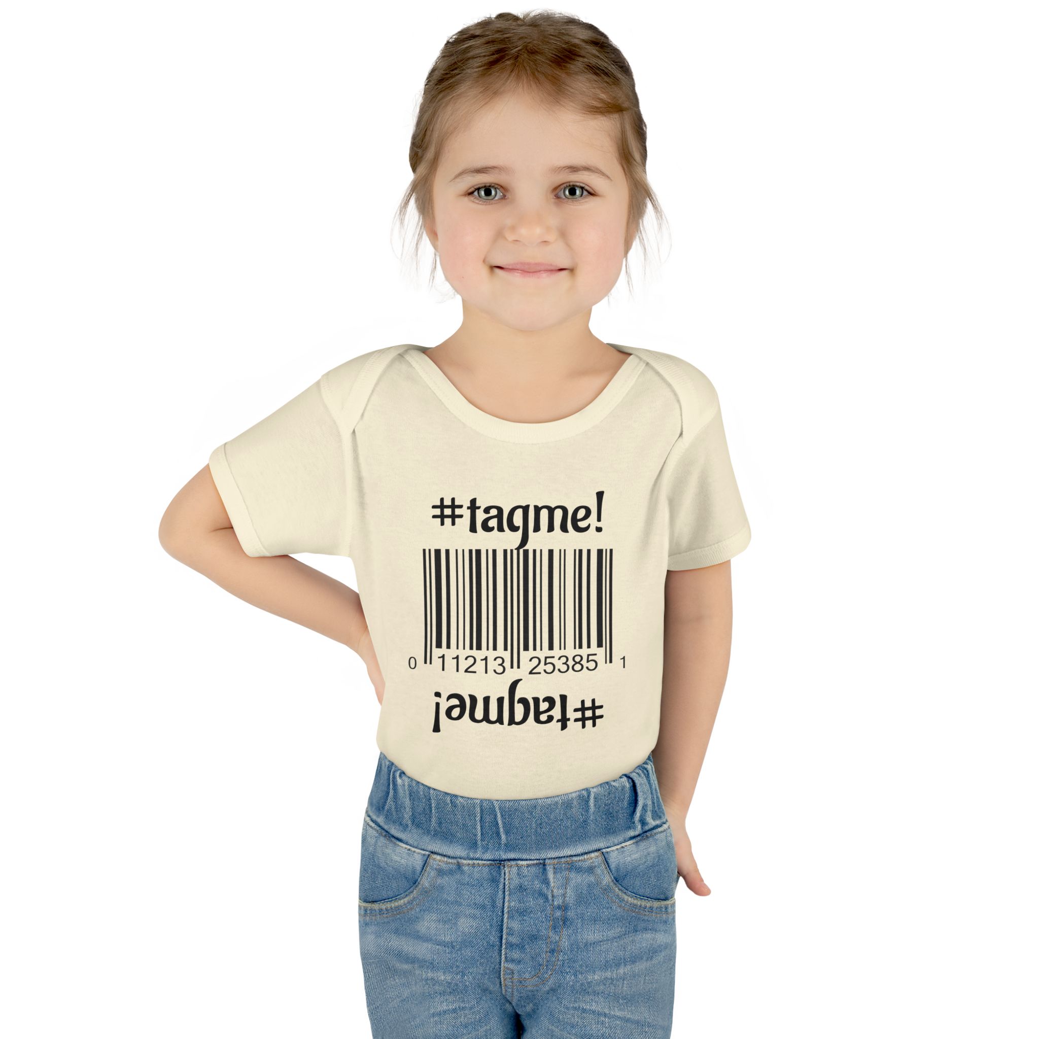 Cotton baby bodysuit with barcode and #tagme design by Molanizzi