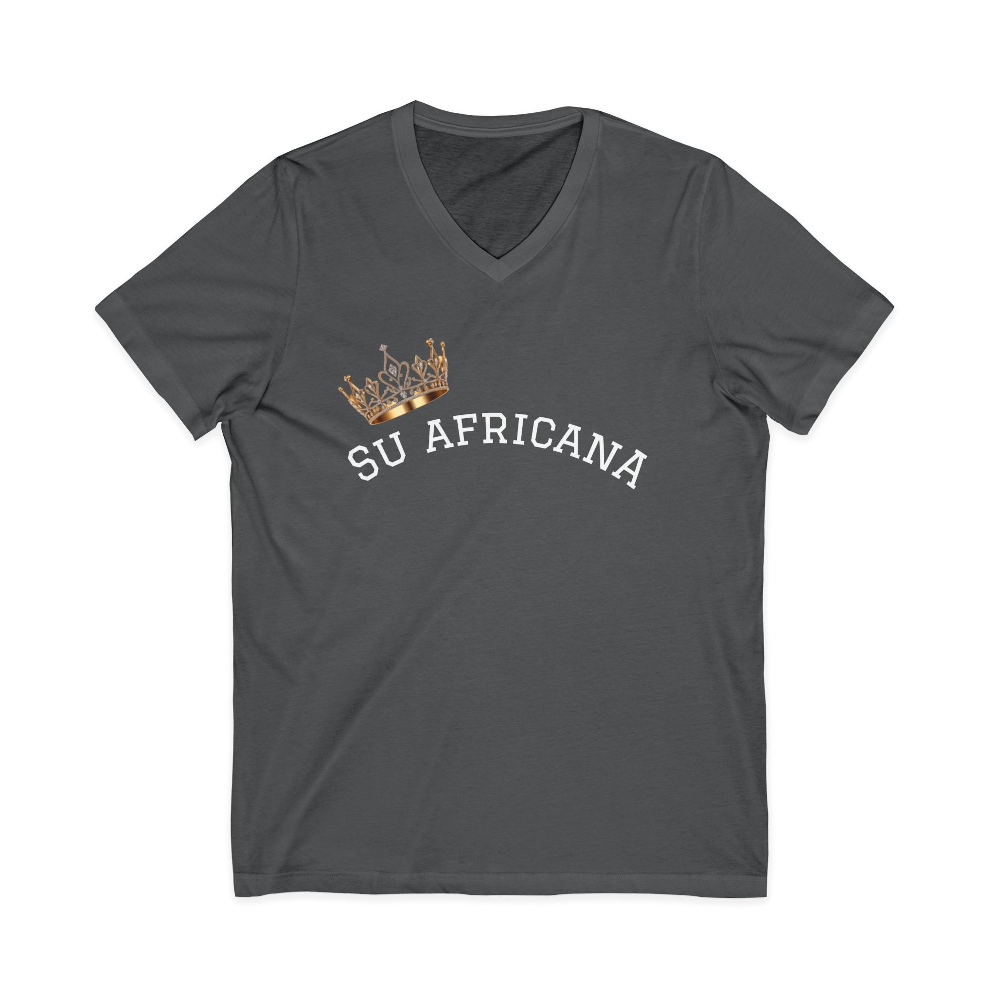 V-neck tee with "Su Africana" & crown graphic, unisex casual fashion