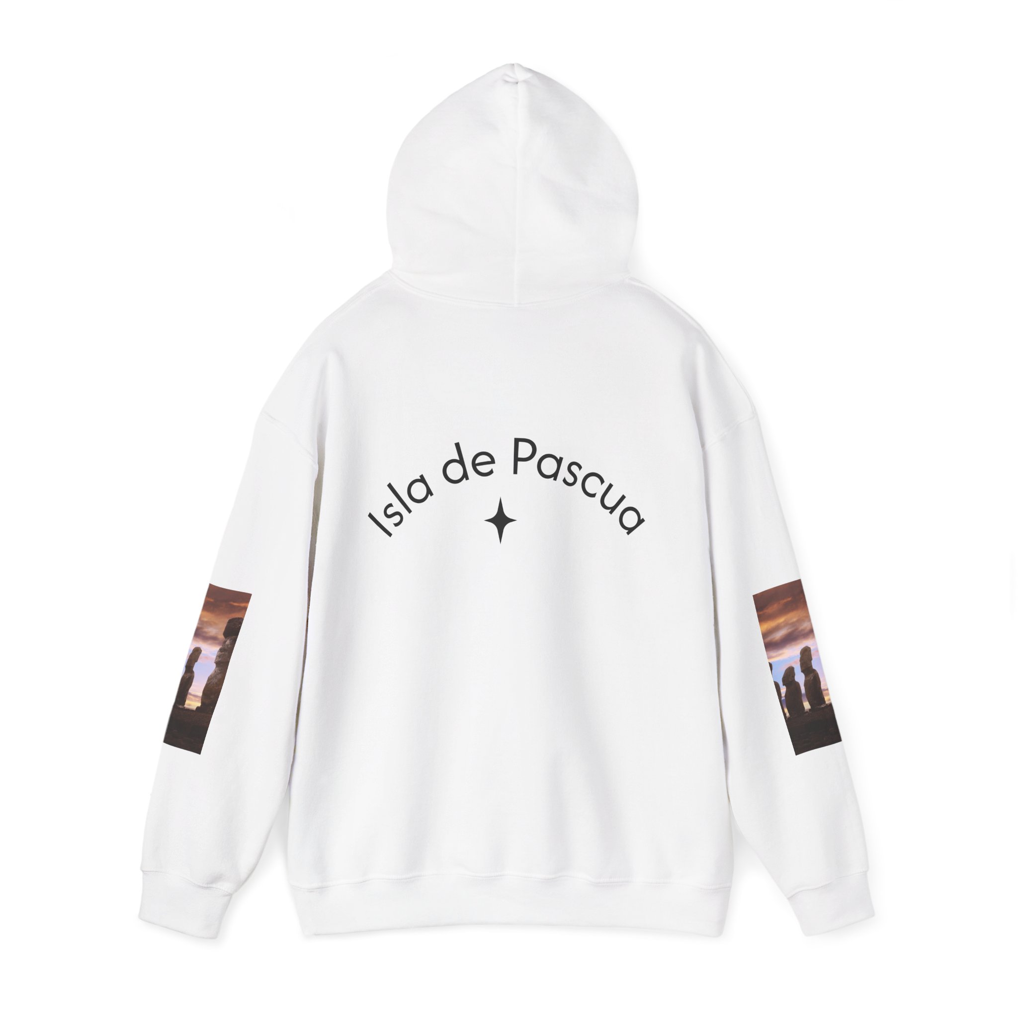 Hoodie sweatshirt with Easter Island Moai graphic and text. By Molanizzi