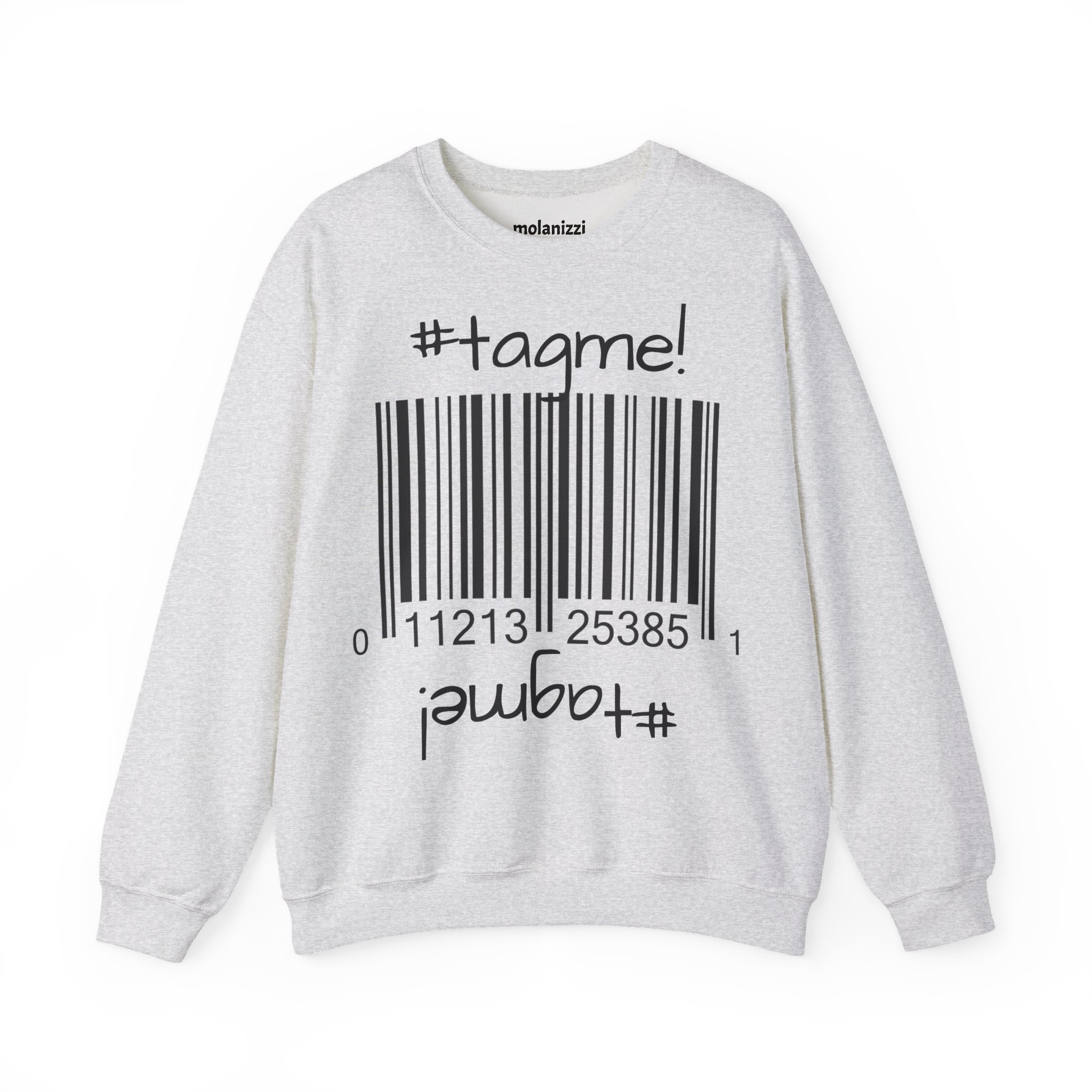 Crewneck sweatshirt with "#tagme!" barcode graphic by Molanizzi