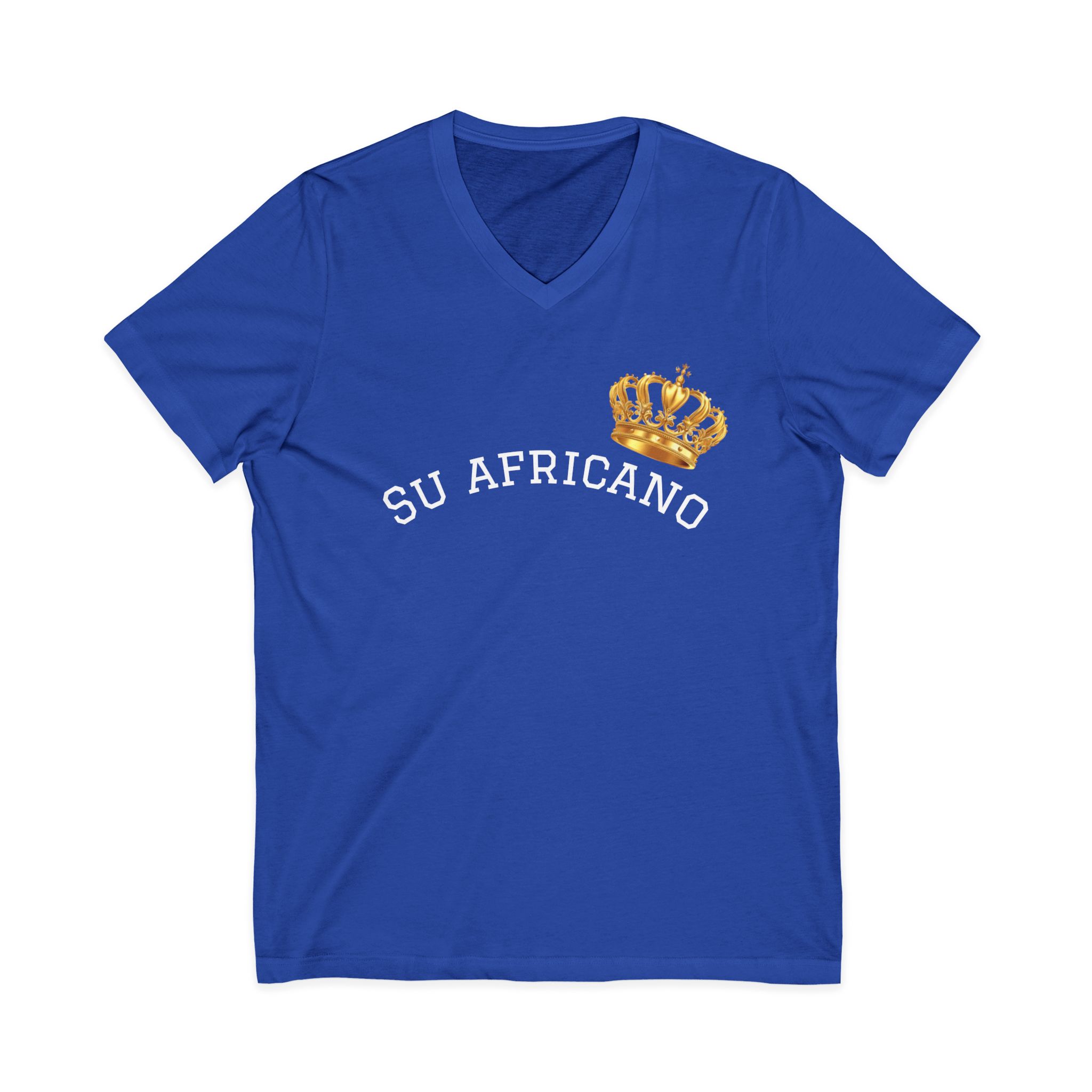 Unisex V-neck tee with "Su Africano" text and gold crown graphic