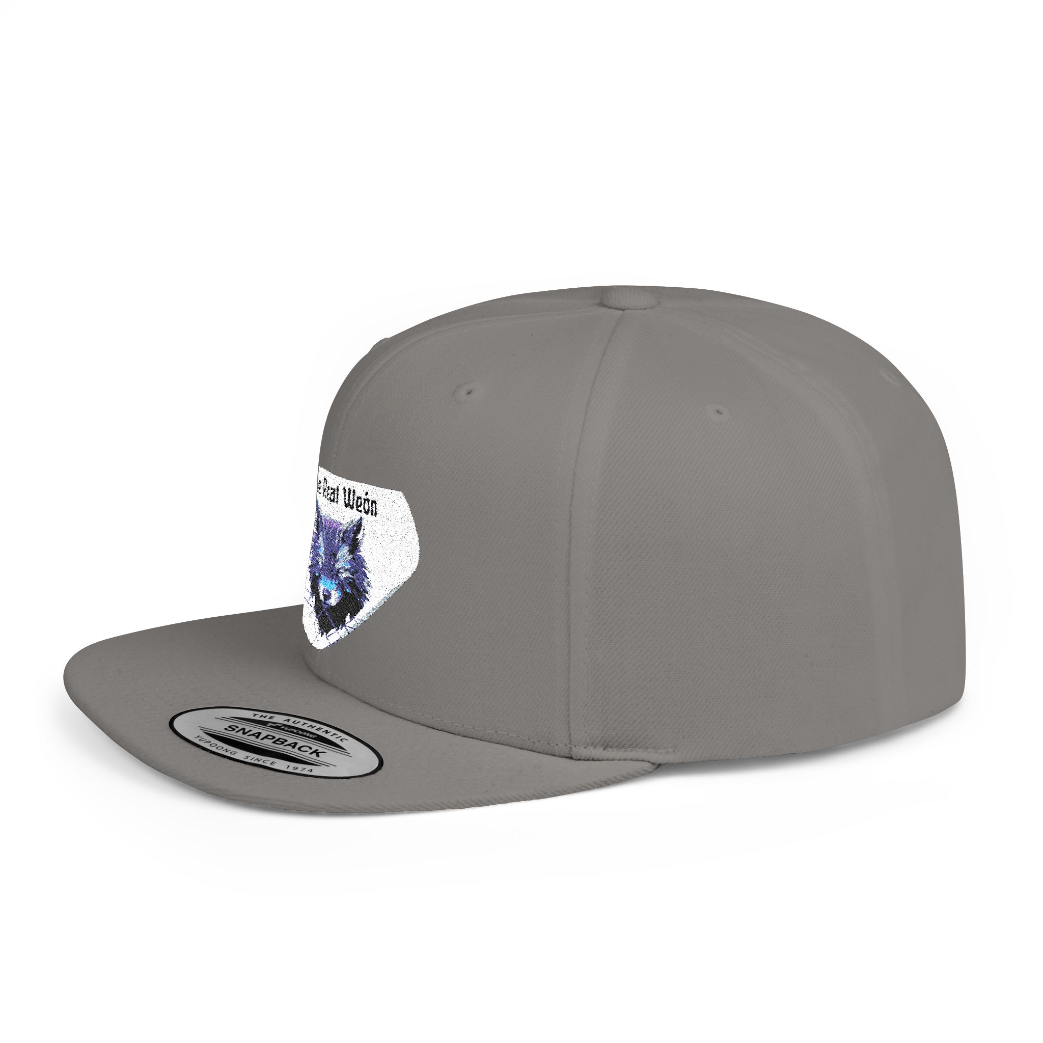 Flat bill snapback hat with a wolf graphic by Molanizzi