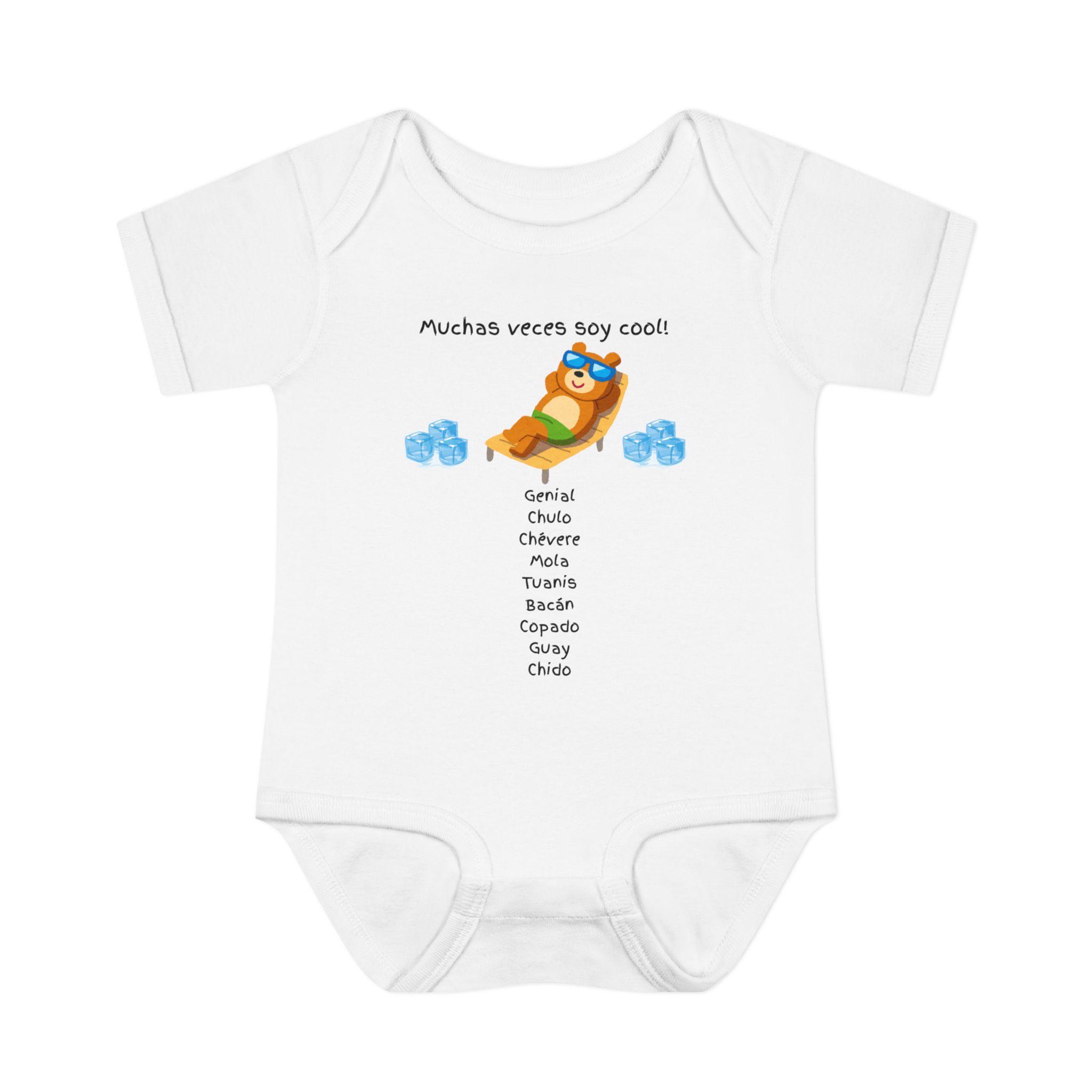 Molanizzi Cool Baby Bodysuit: White bodysuit with cartoon bear and "Muchas veces soy cool!" design.