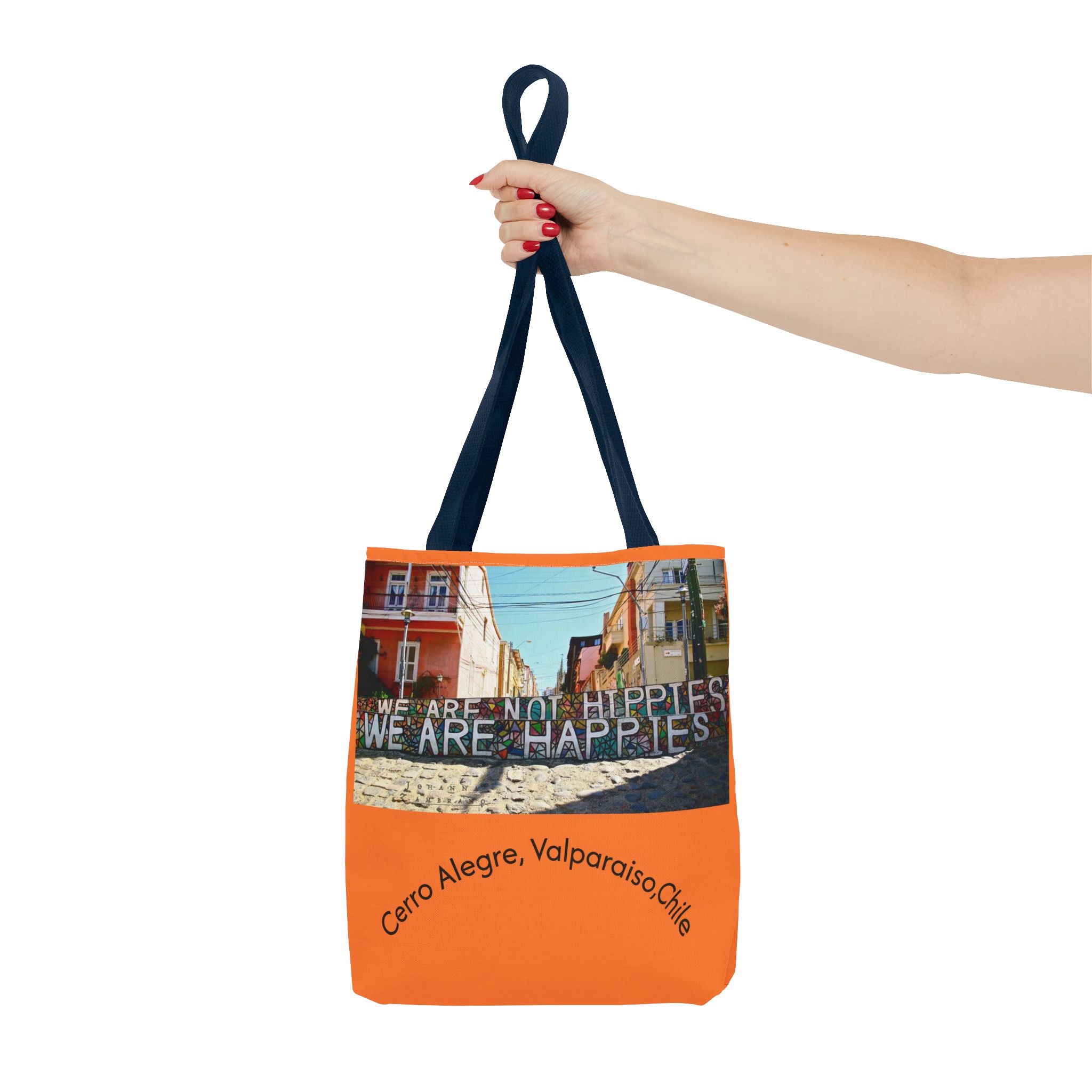 Orange colored Statement Tote bag with Valparaiso Graphic. By Molanizzi