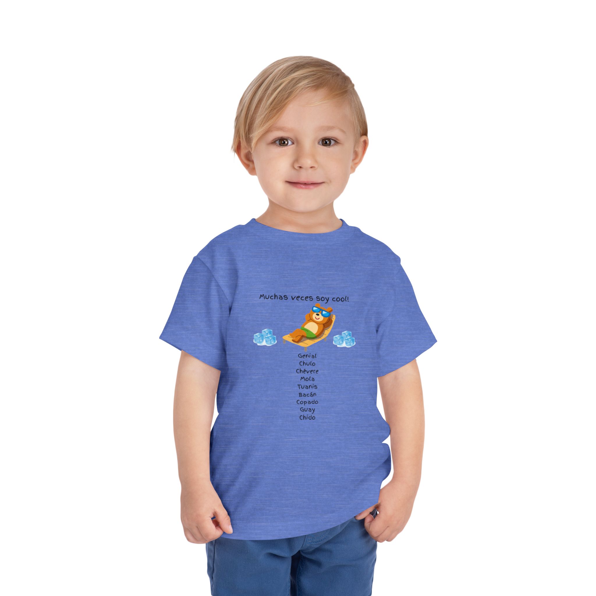 Toddler tee with "Muchas veces soy cool!" Spanish text and bear graphic