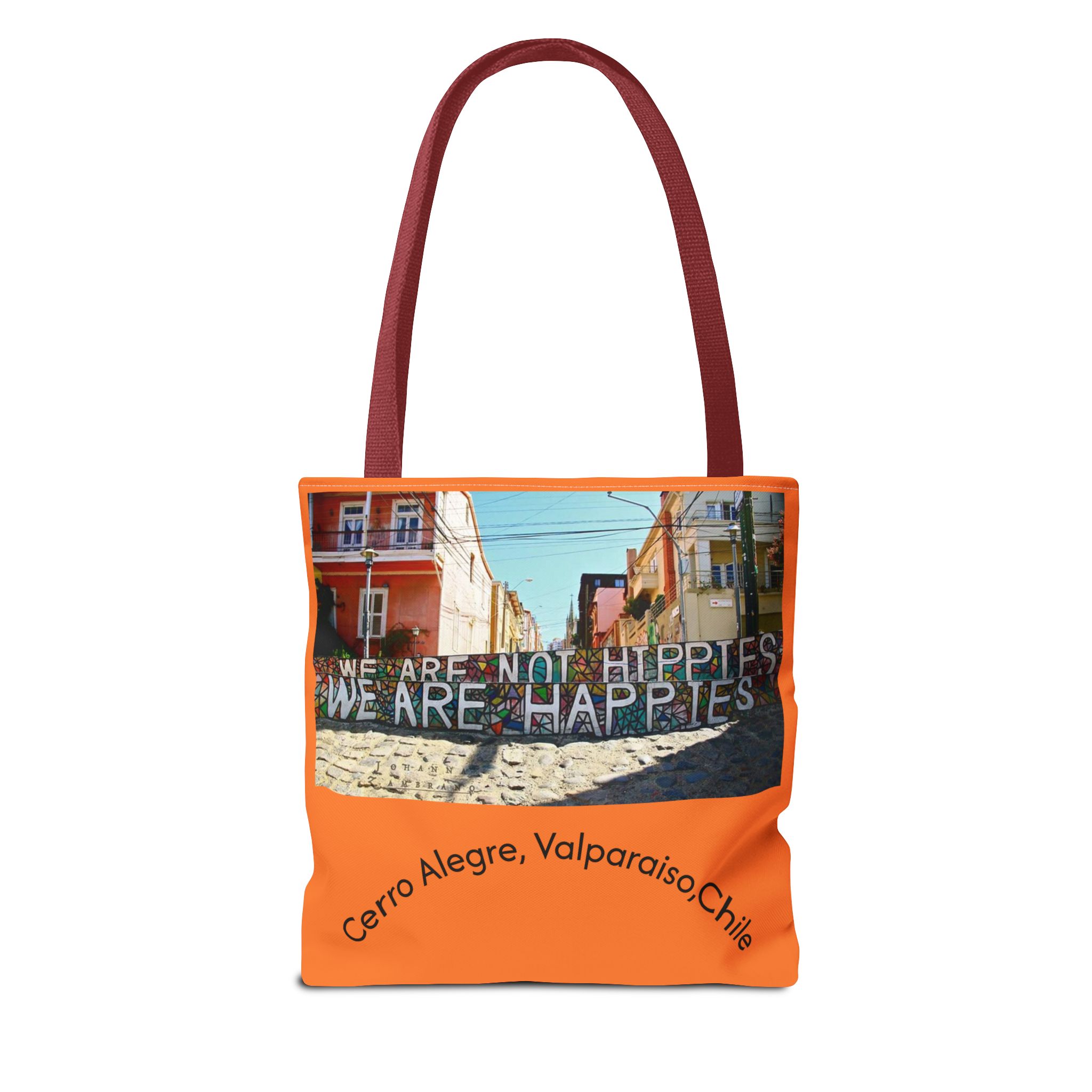 Orange colored Statement Tote bag with Valparaiso Graphic. By Molanizzi