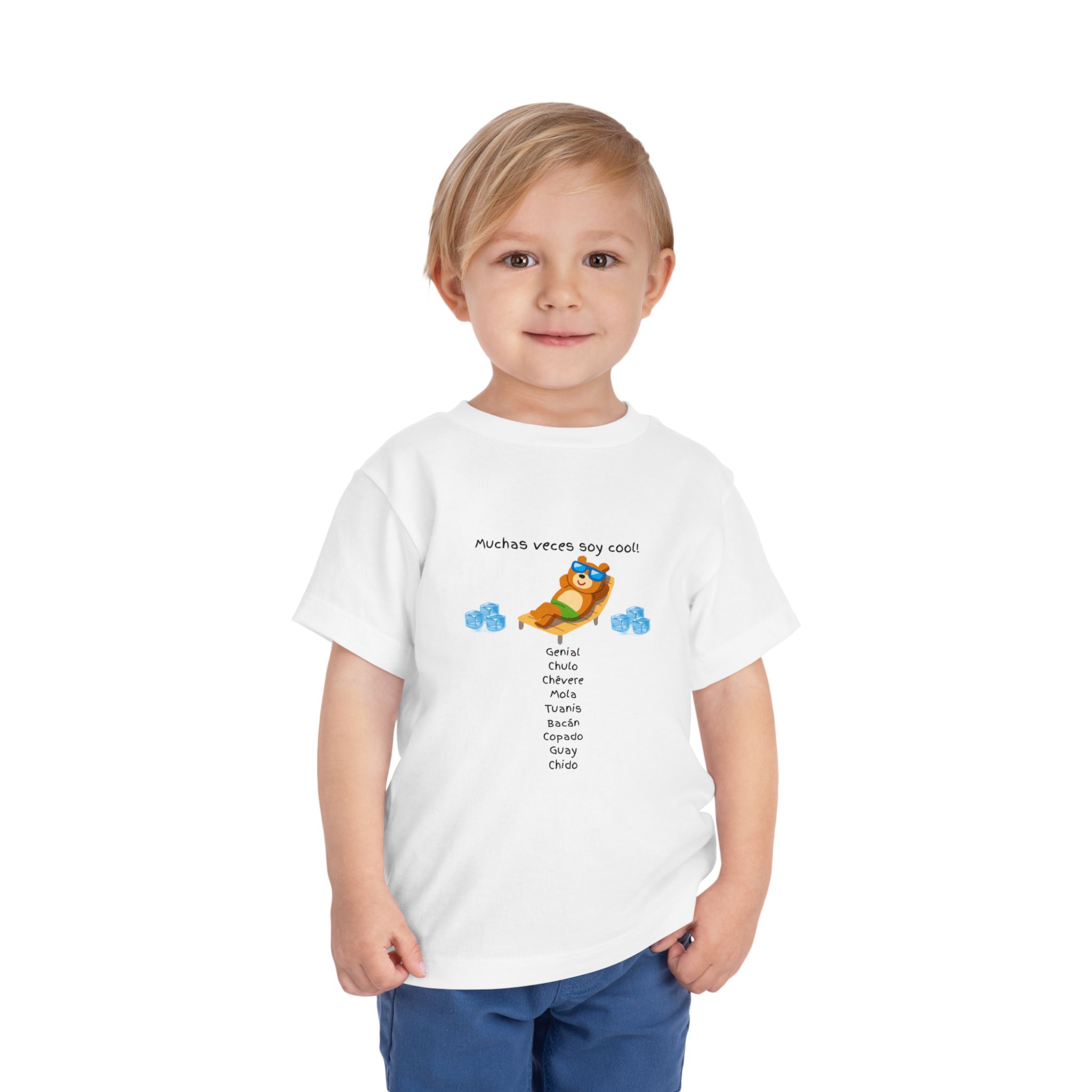 Toddler tee with "Muchas veces soy cool!" Spanish text and bear graphic