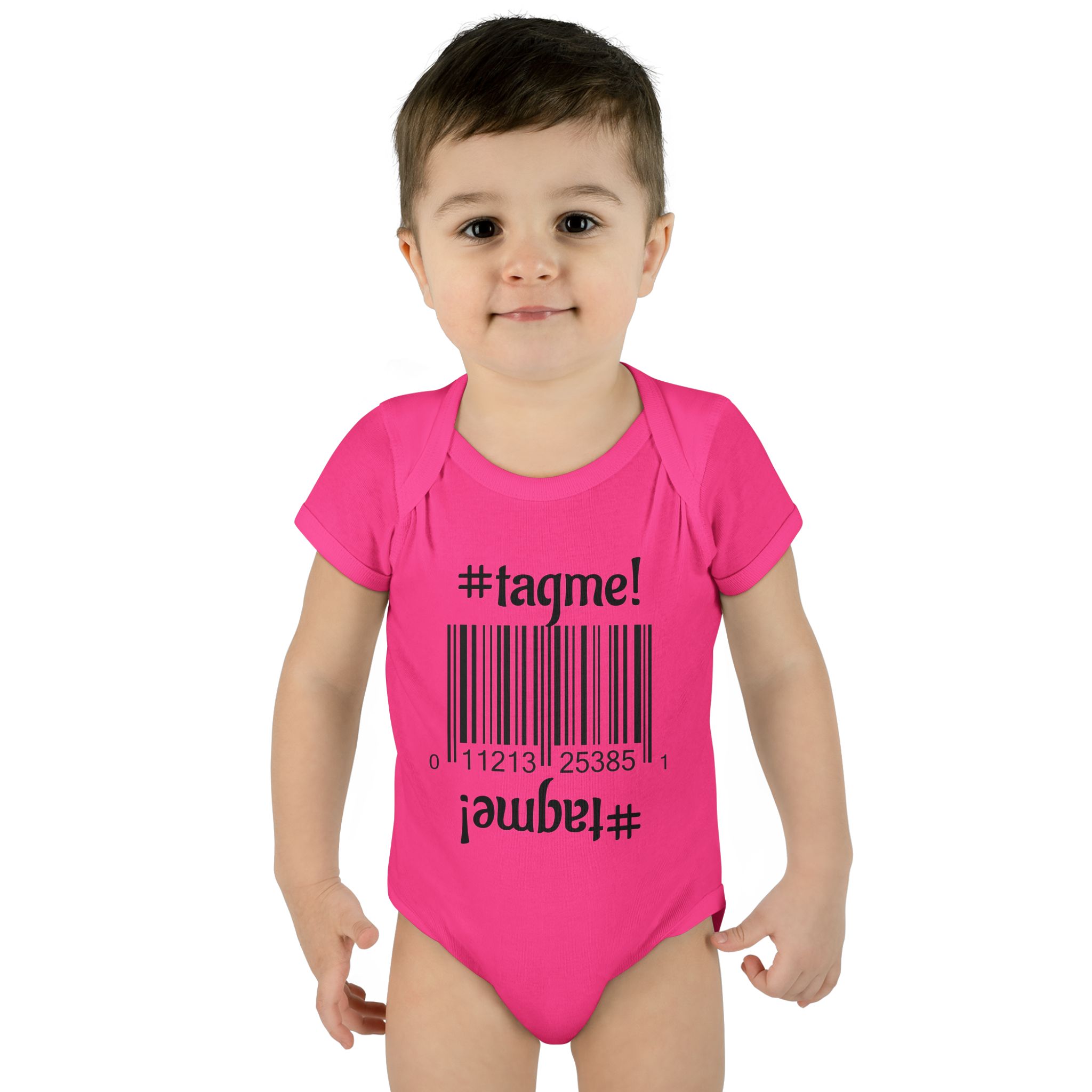 Cotton baby bodysuit with barcode and #tagme design by Molanizzi