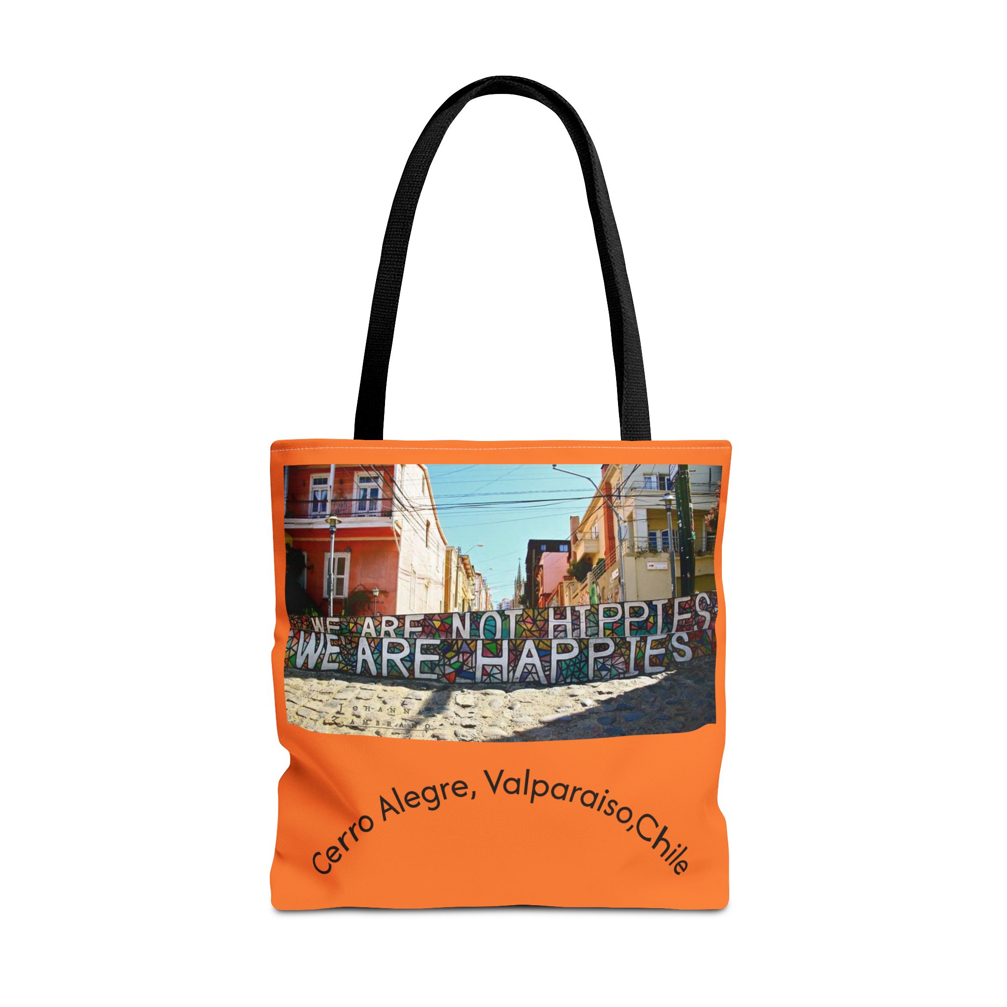 Orange colored Statement Tote bag with Valparaiso Graphic. By Molanizzi
