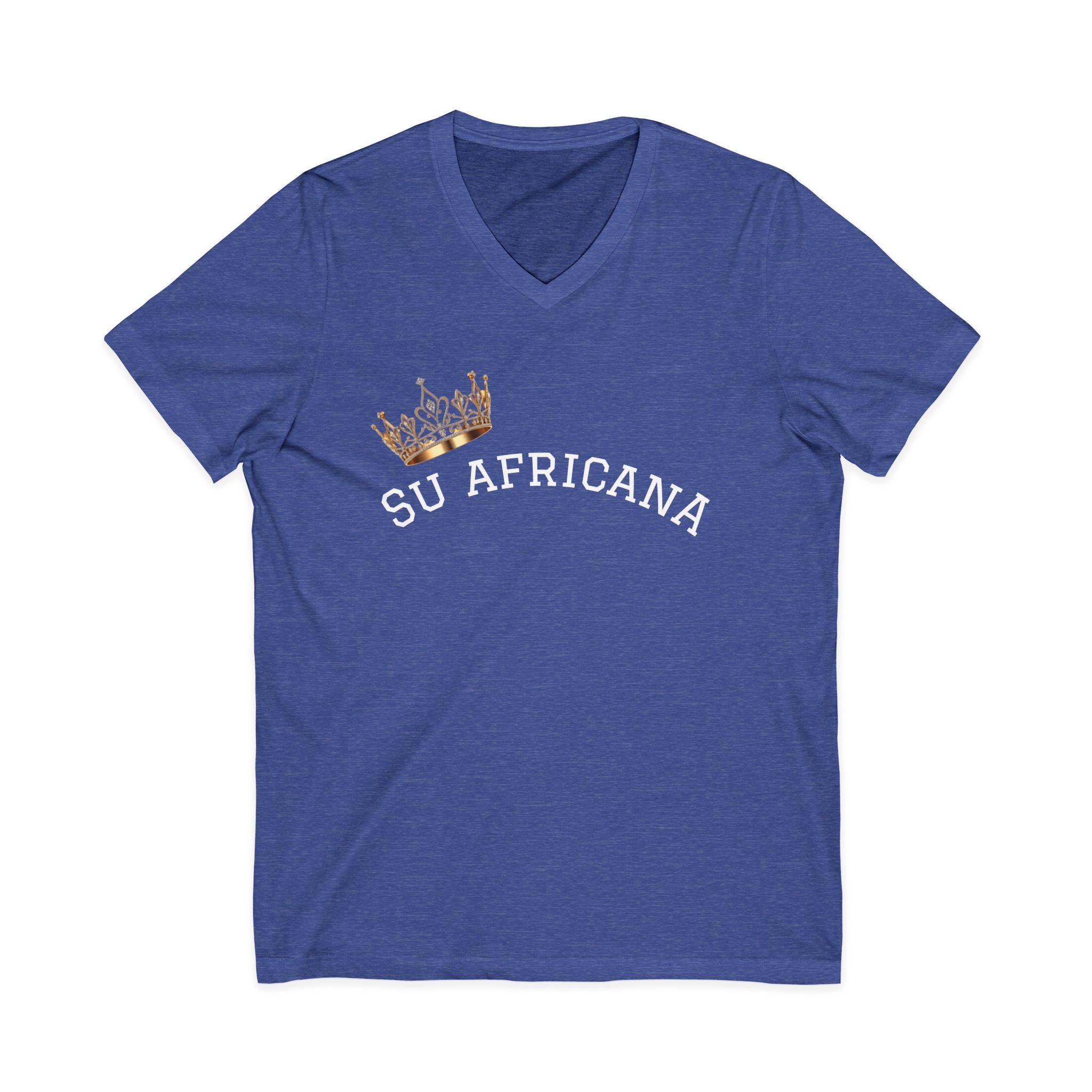 V-neck tee with "Su Africana" & crown graphic, unisex casual fashion
