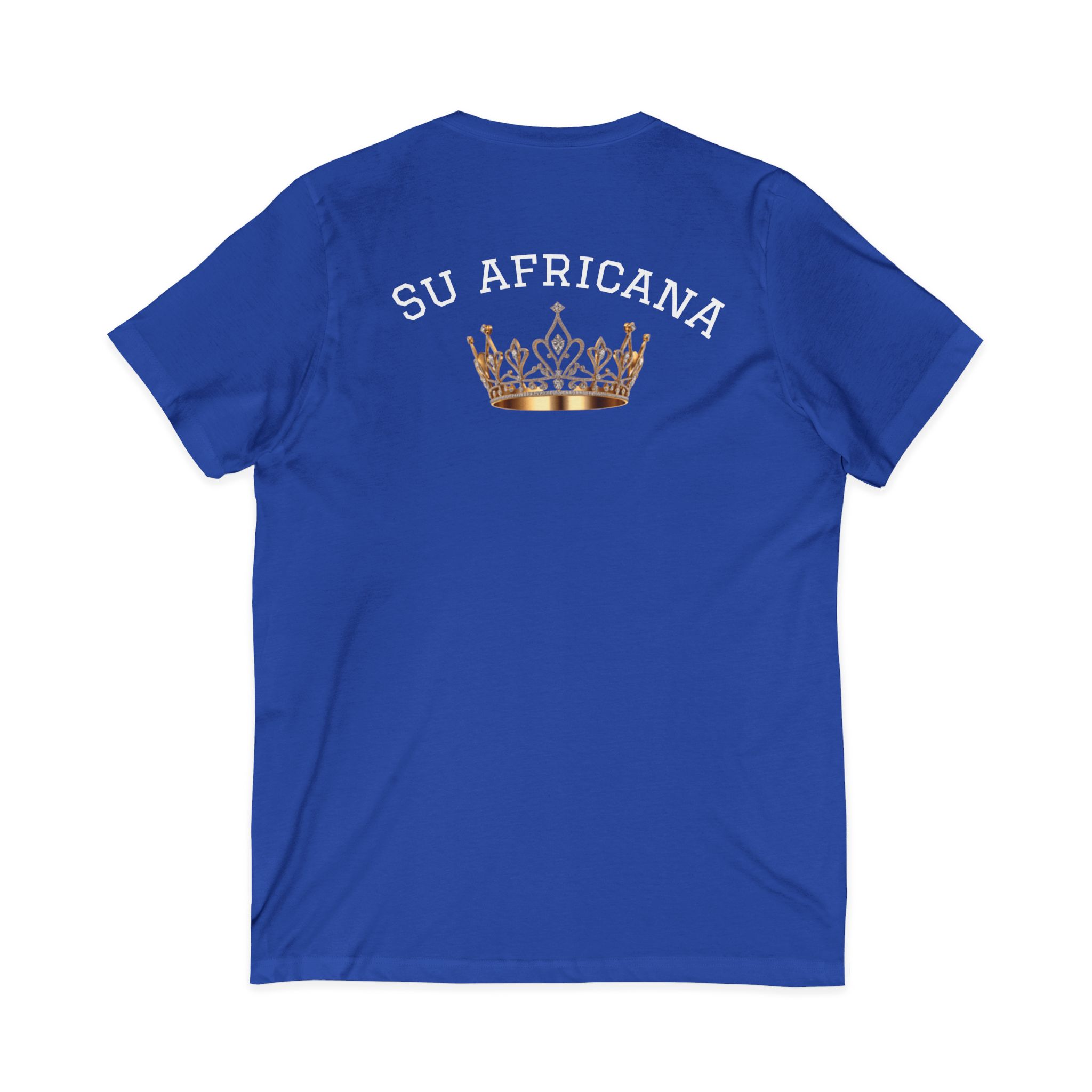V-neck tee with "Su Africana" & crown graphic, unisex casual fashion