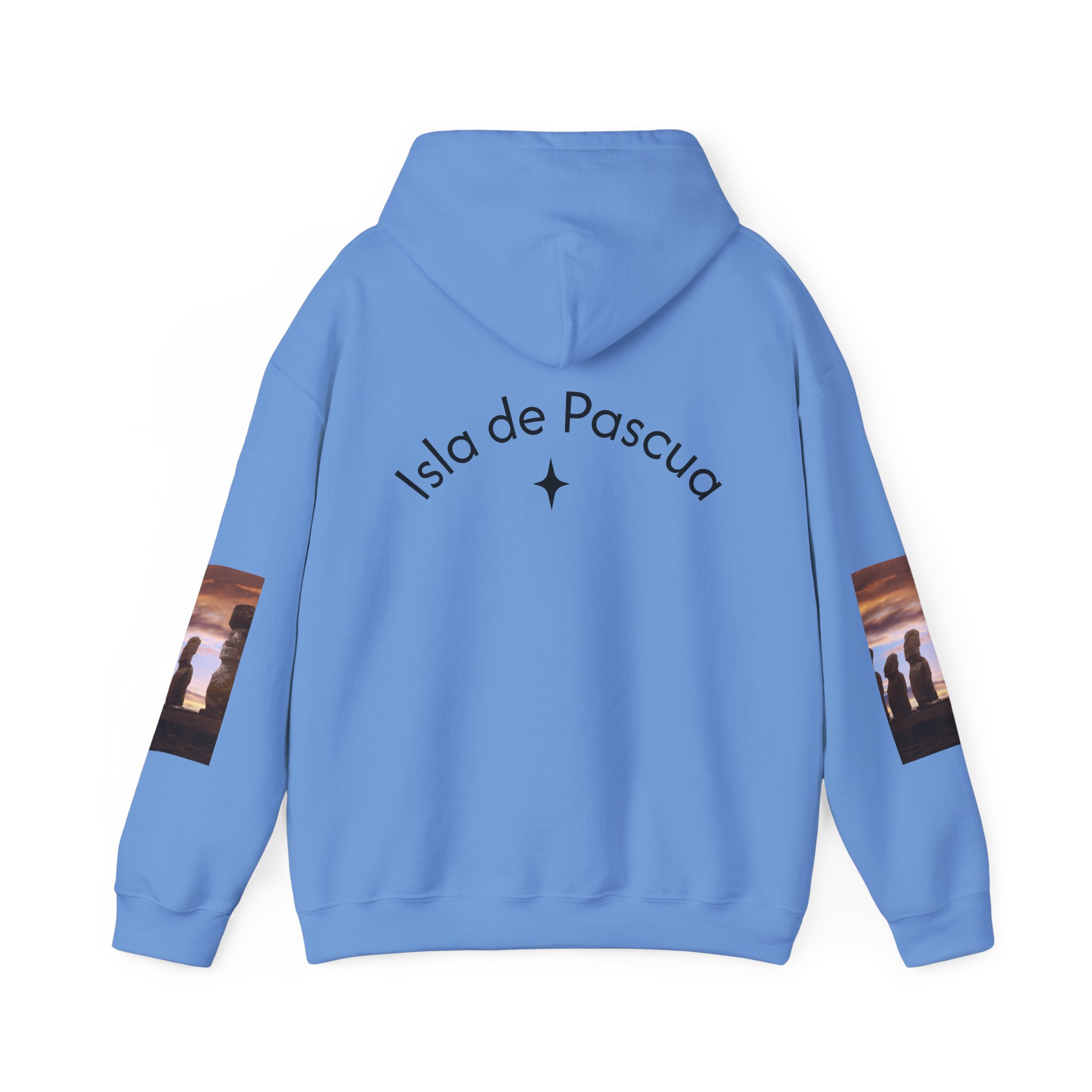 Hoodie sweatshirt with Easter Island Moai graphic and text. By Molanizzi