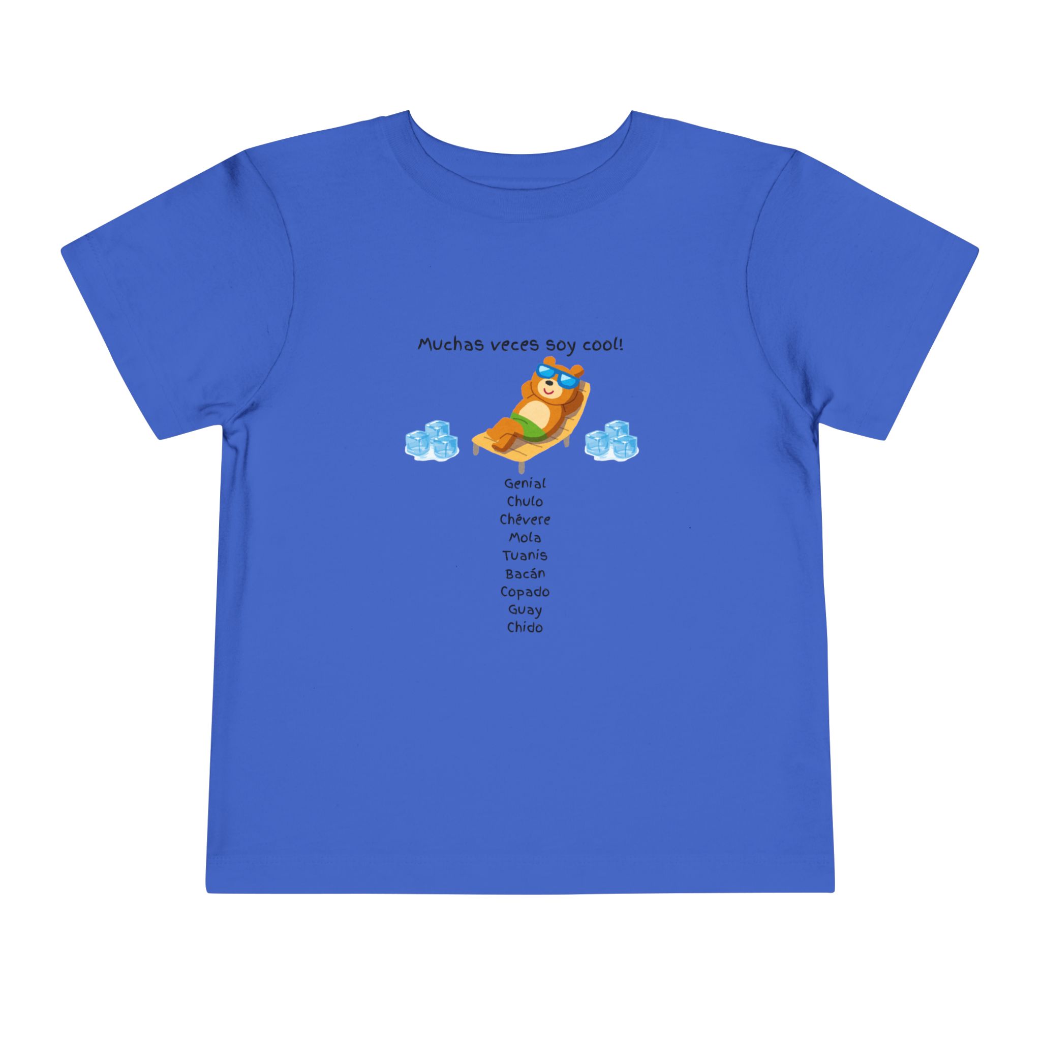 Toddler tee with "Muchas veces soy cool!" Spanish text and bear graphic
