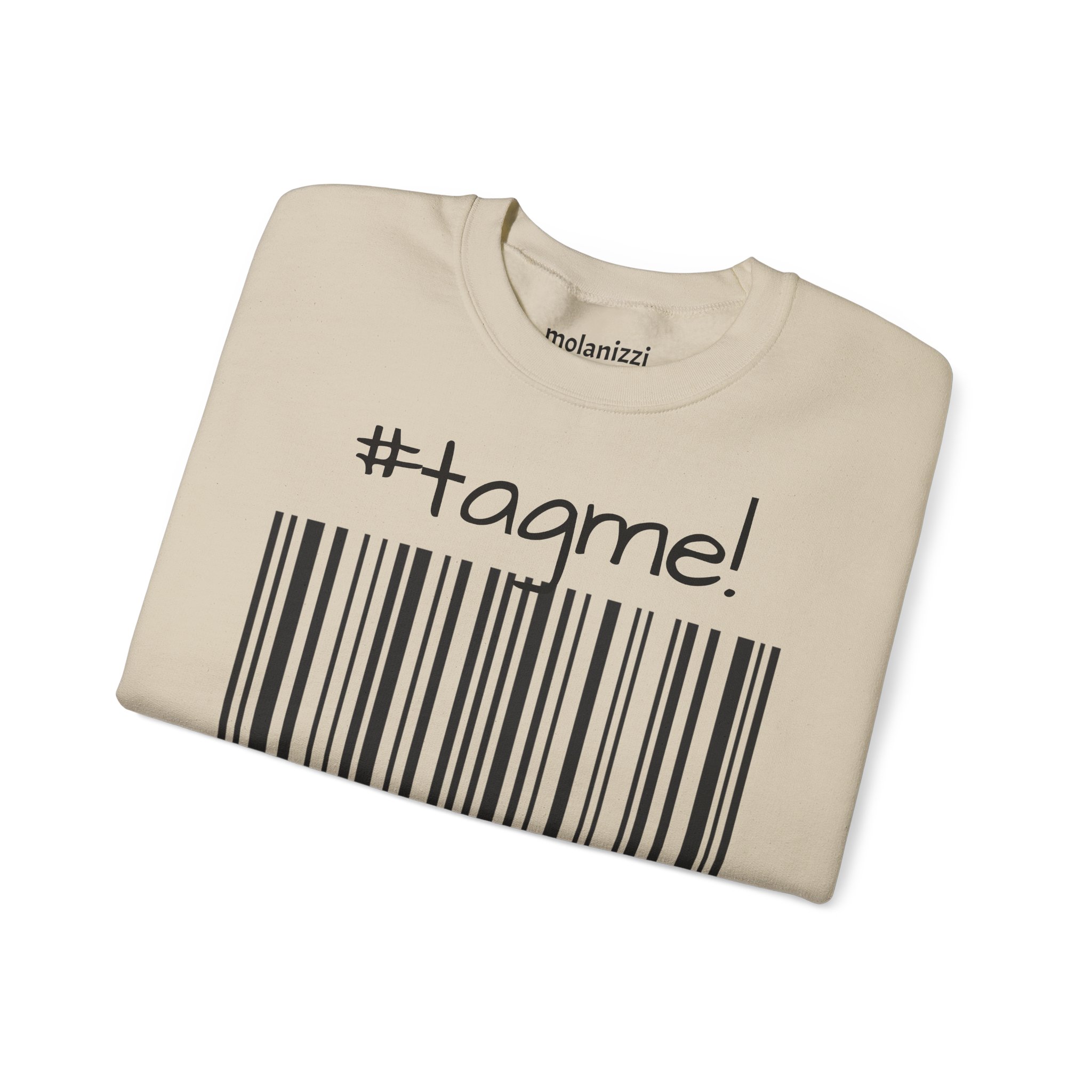 Crewneck sweatshirt with "#tagme!" barcode graphic by Molanizzi