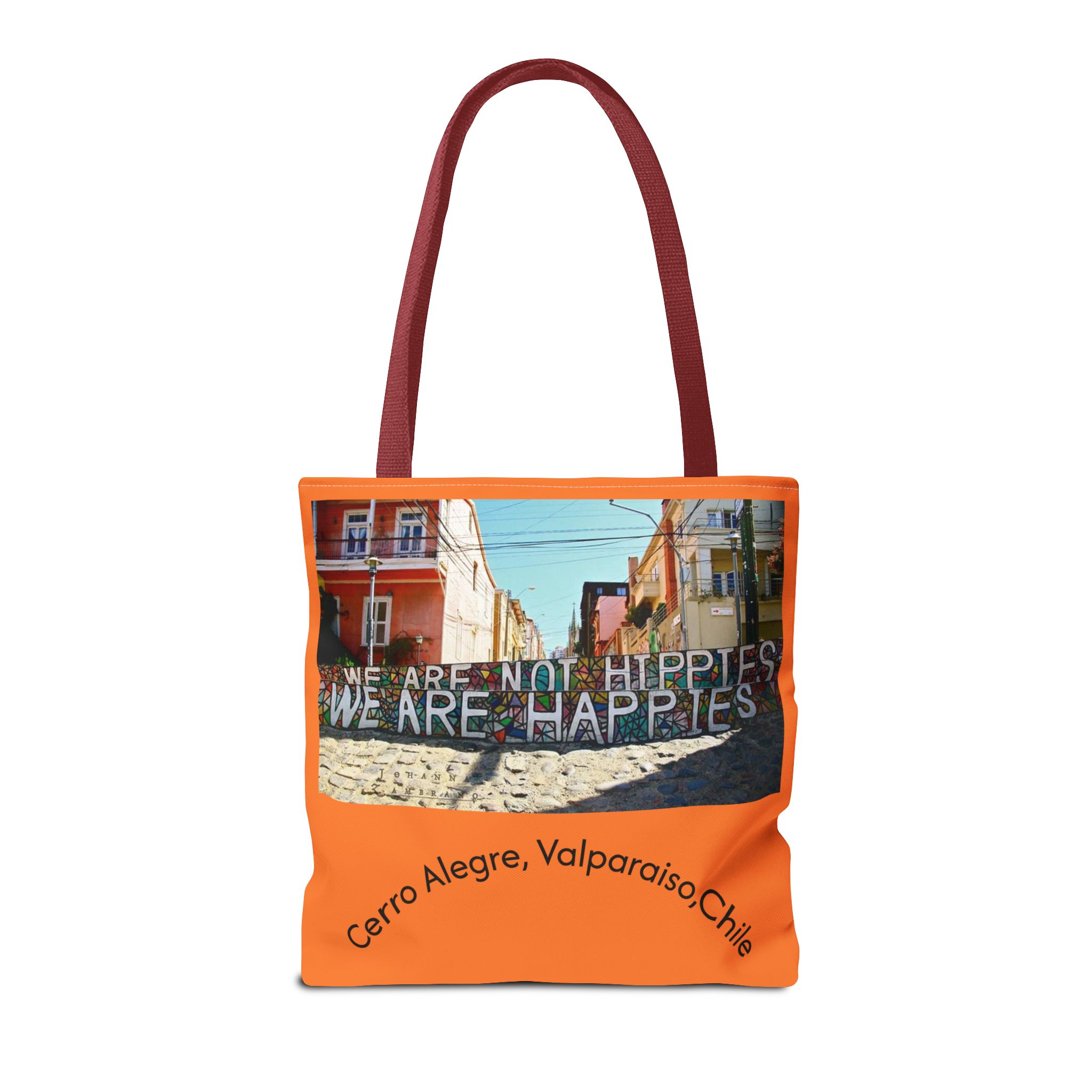 Orange colored Statement Tote bag with Valparaiso Graphic. By Molanizzi