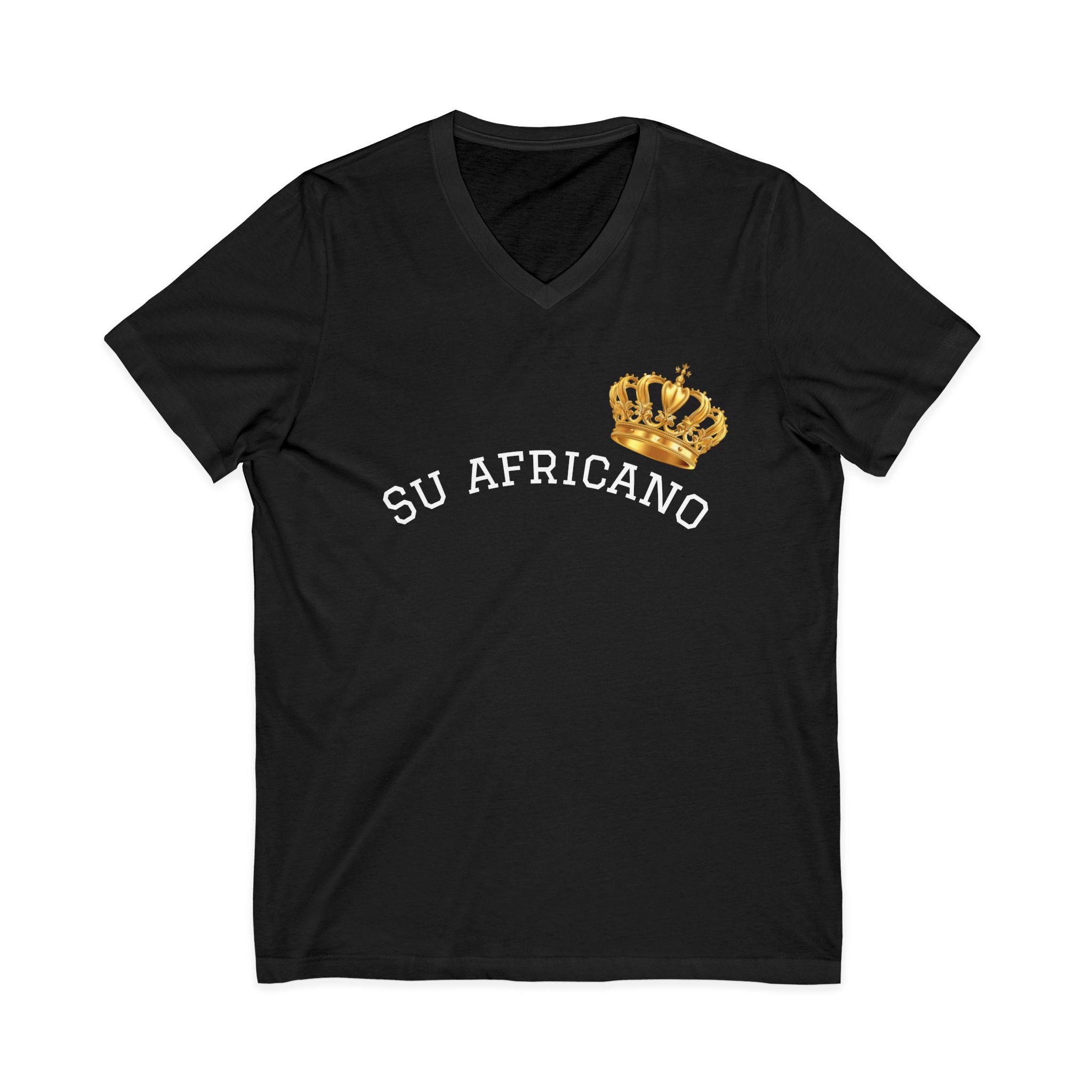 Unisex V-neck tee with "Su Africano" text and gold crown graphic
