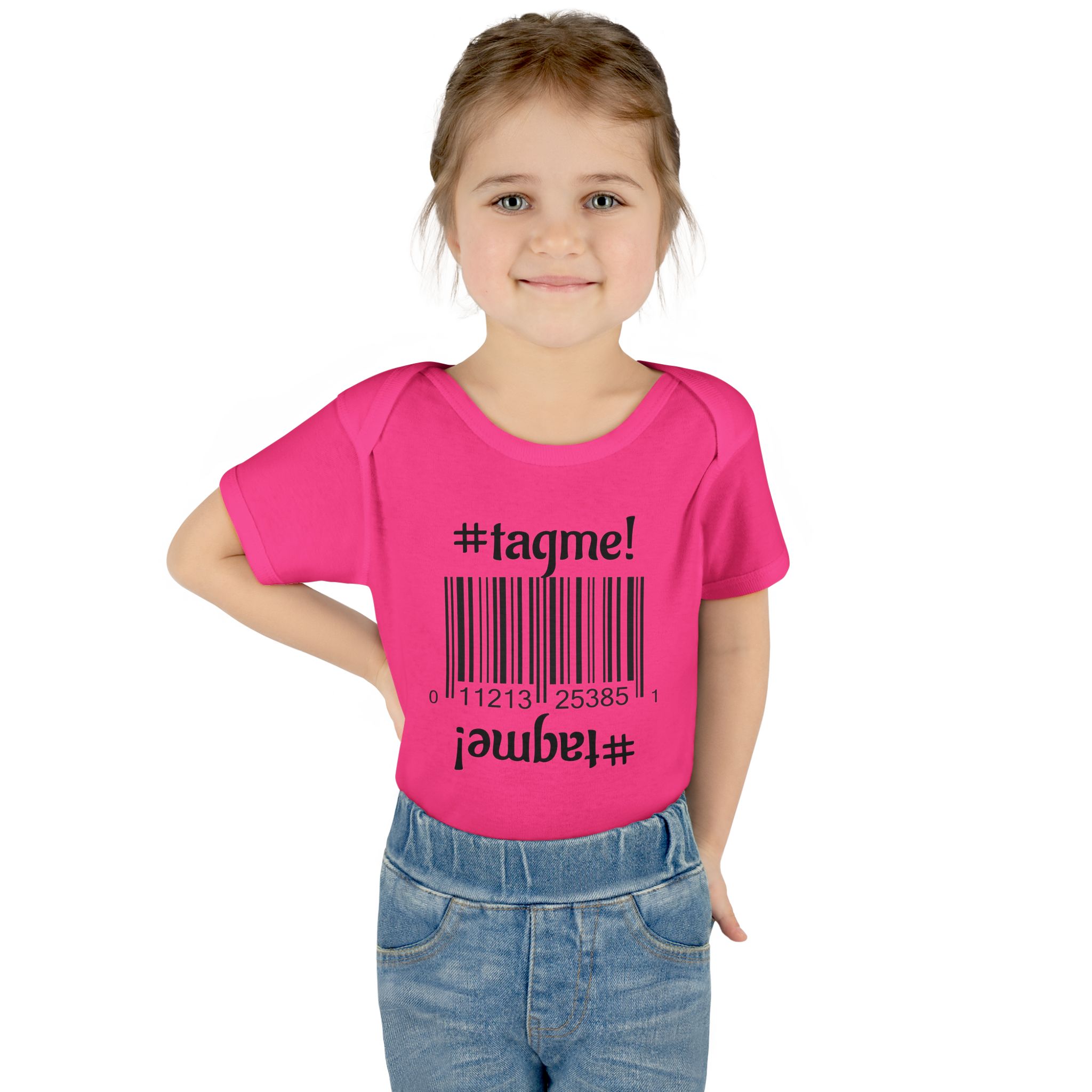 Cotton baby bodysuit with barcode and #tagme design by Molanizzi