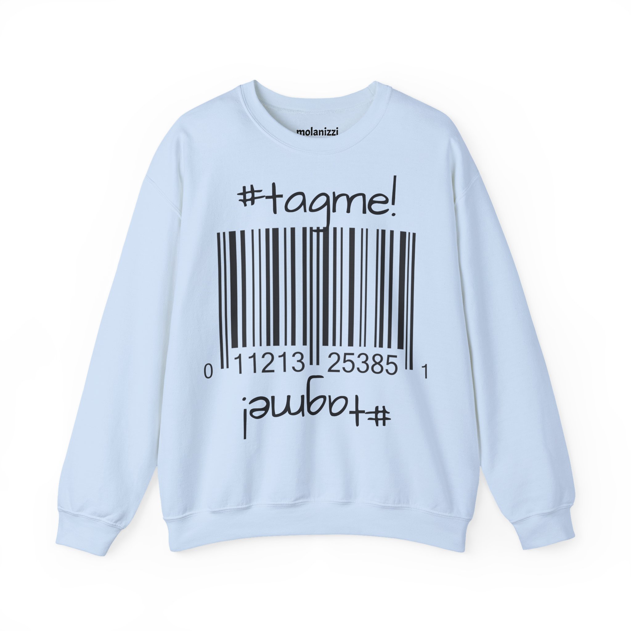 Crewneck sweatshirt with "#tagme!" barcode graphic by Molanizzi