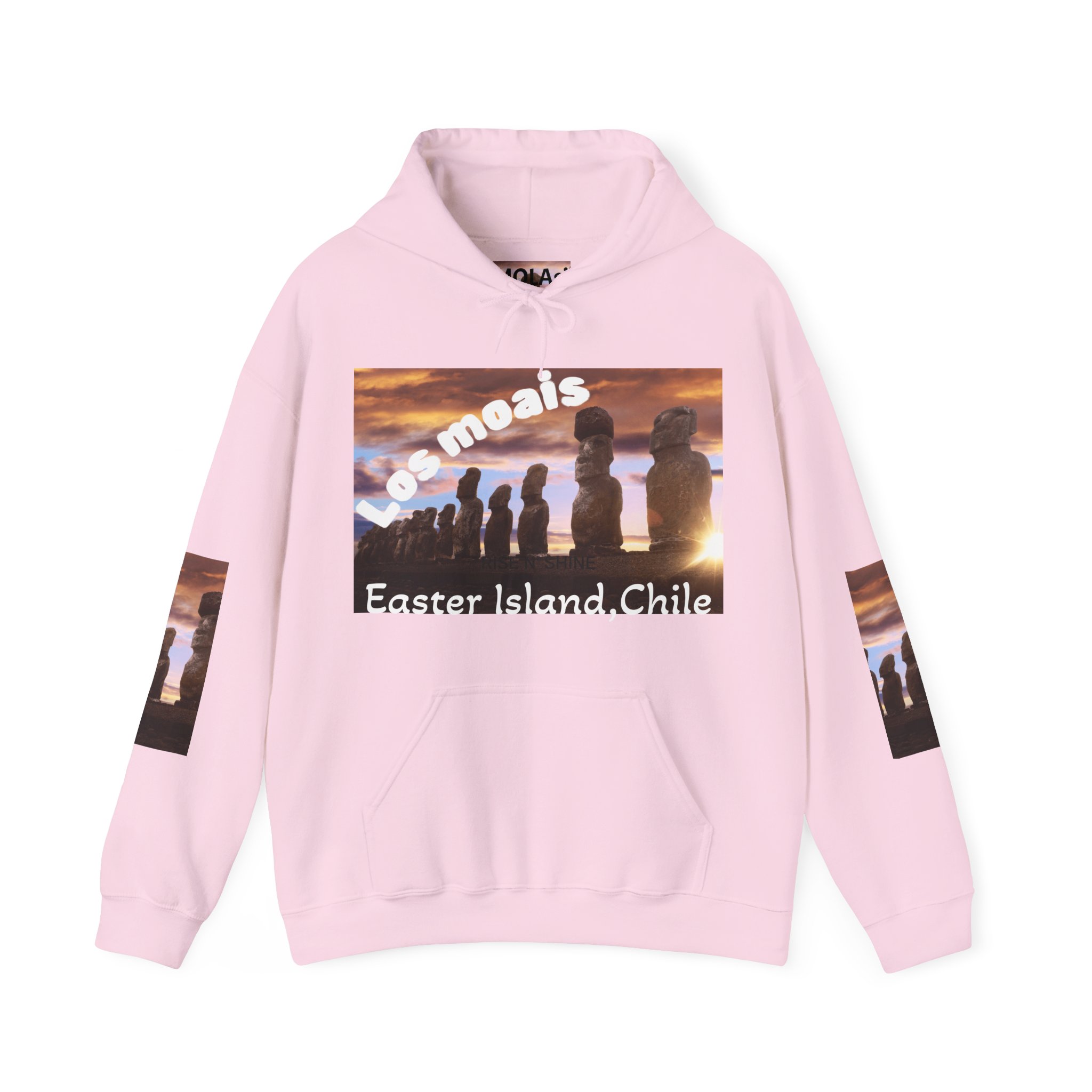 Hoodie sweatshirt with Easter Island Moai graphic and text. By Molanizzi