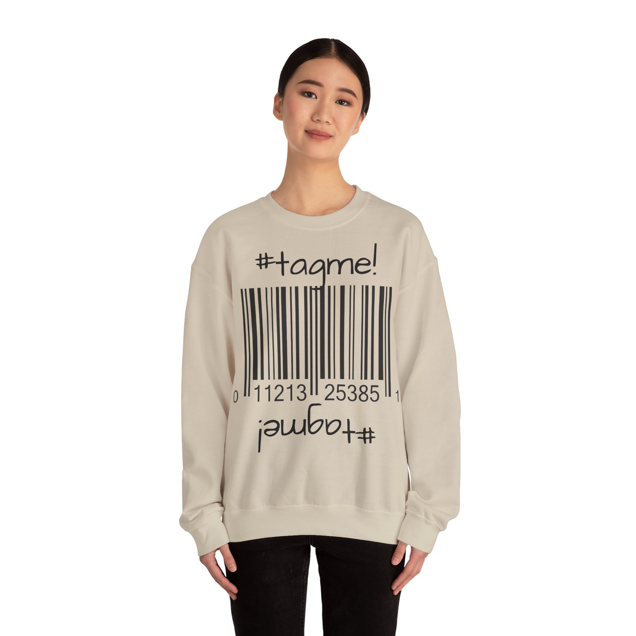 Crewneck sweatshirt with "#tagme!" barcode graphic by Molanizzi