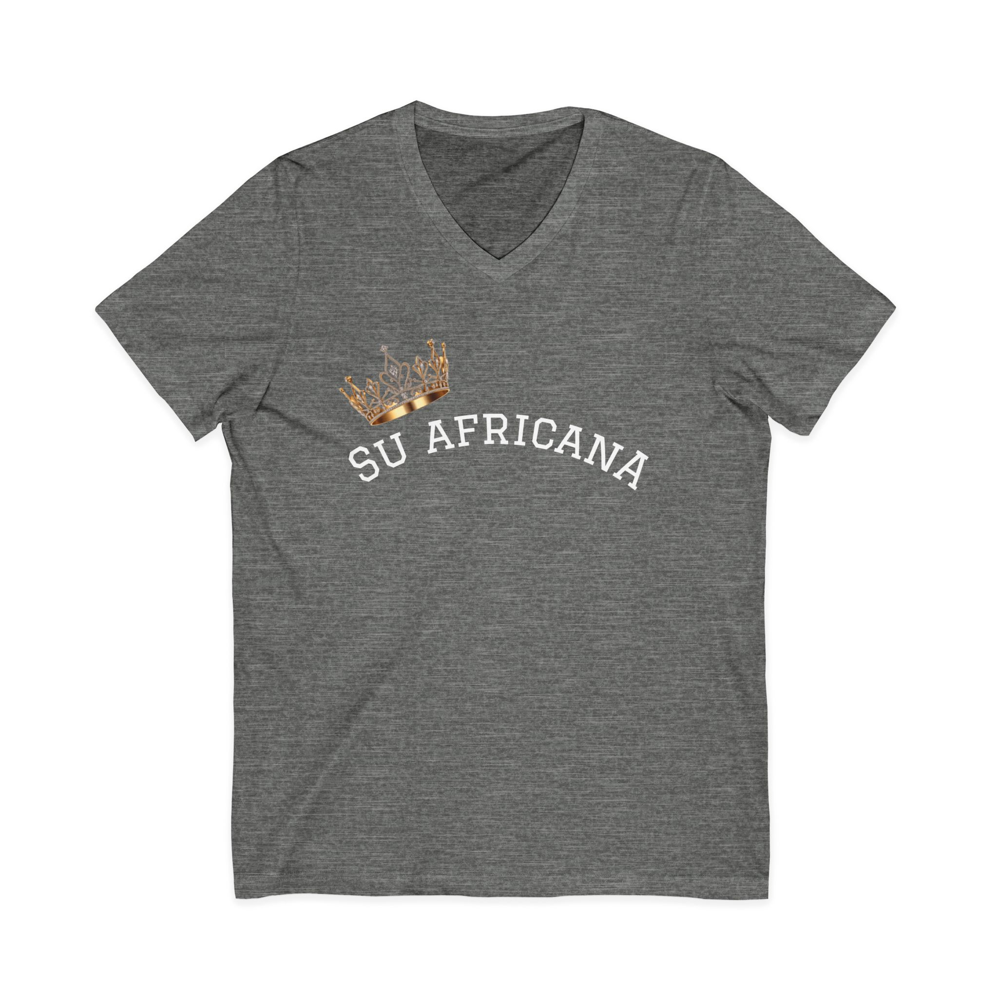 V-neck tee with "Su Africana" & crown graphic, unisex casual fashion