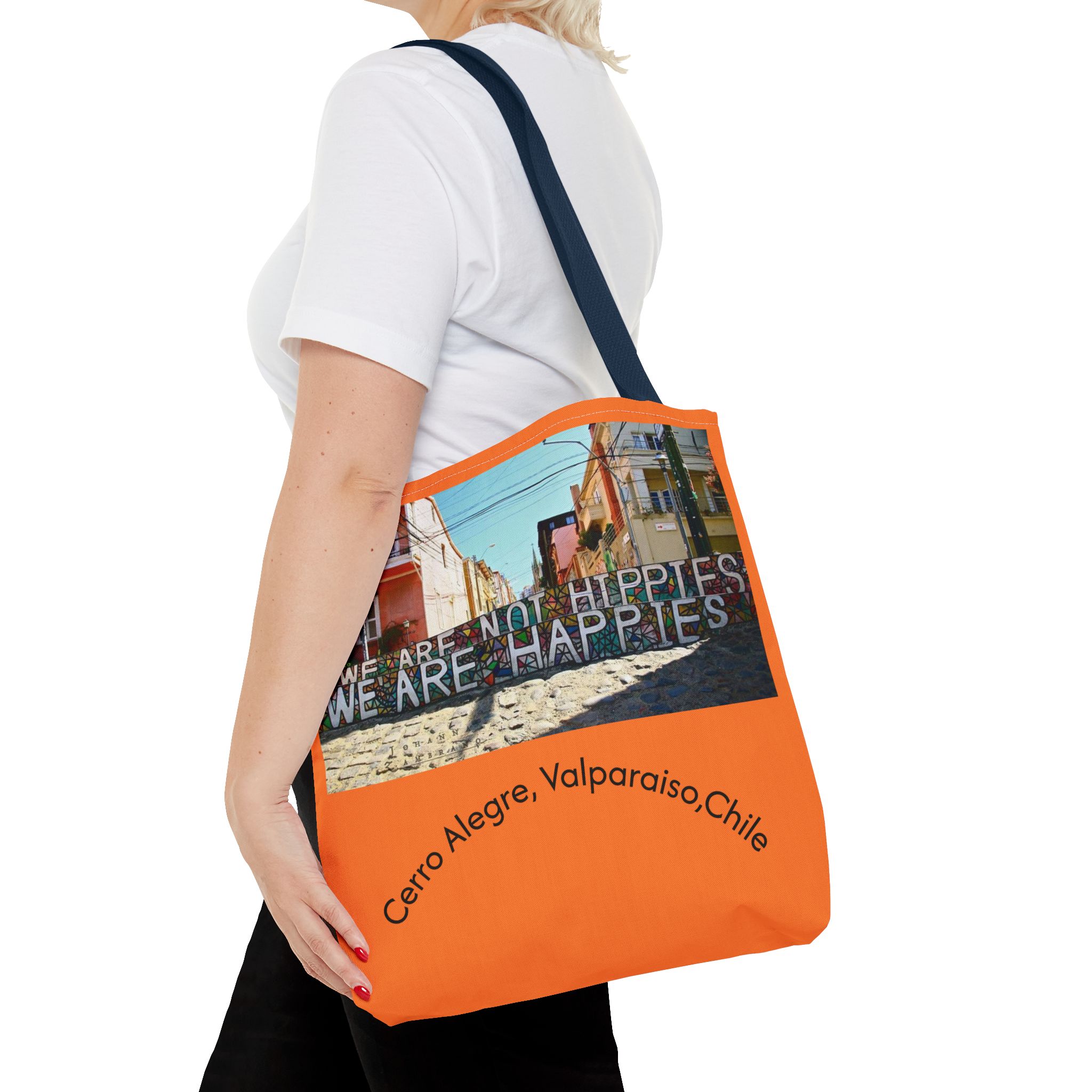Orange colored Statement Tote bag with Valparaiso Graphic. By Molanizzi