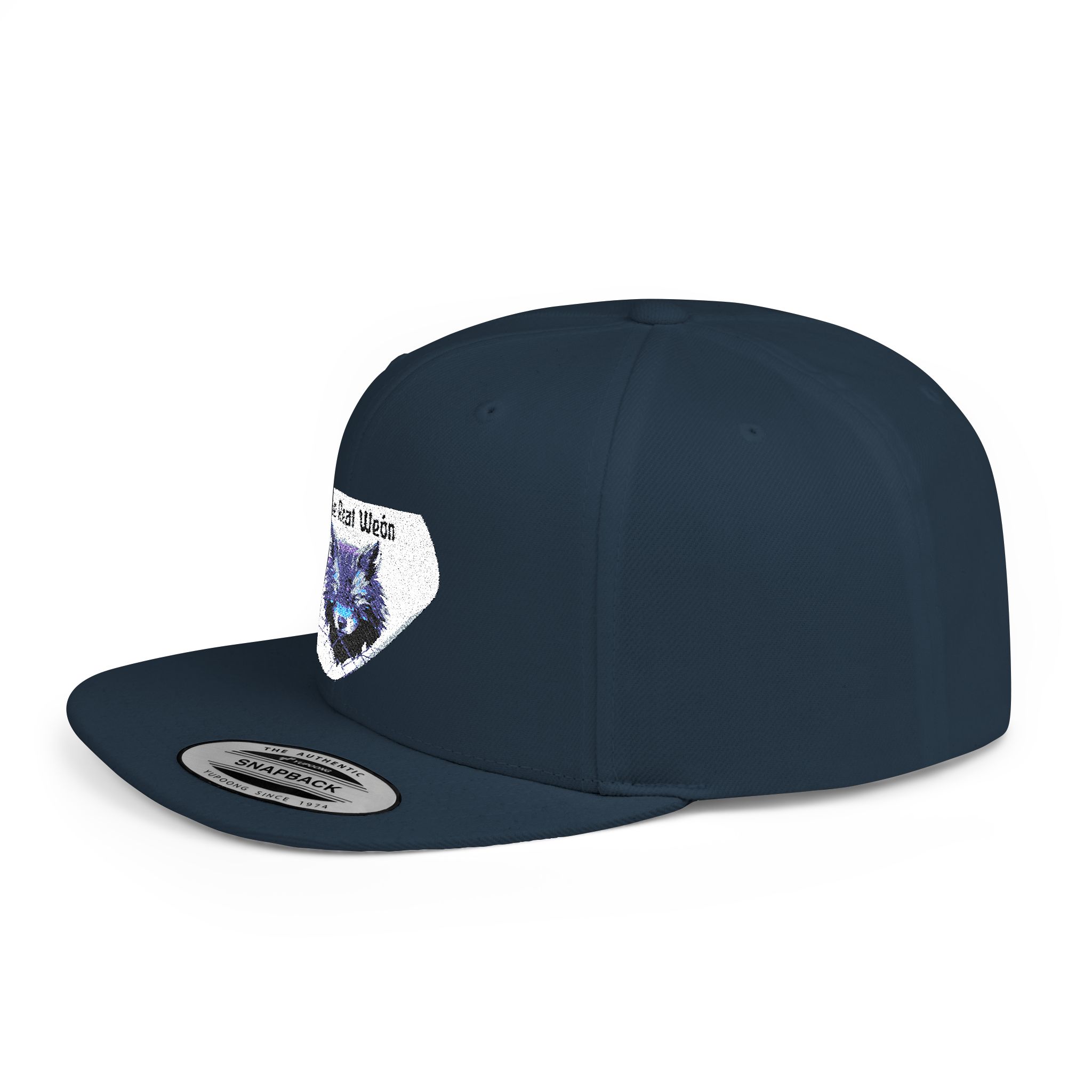 Flat bill snapback hat with a wolf graphic by Molanizzi