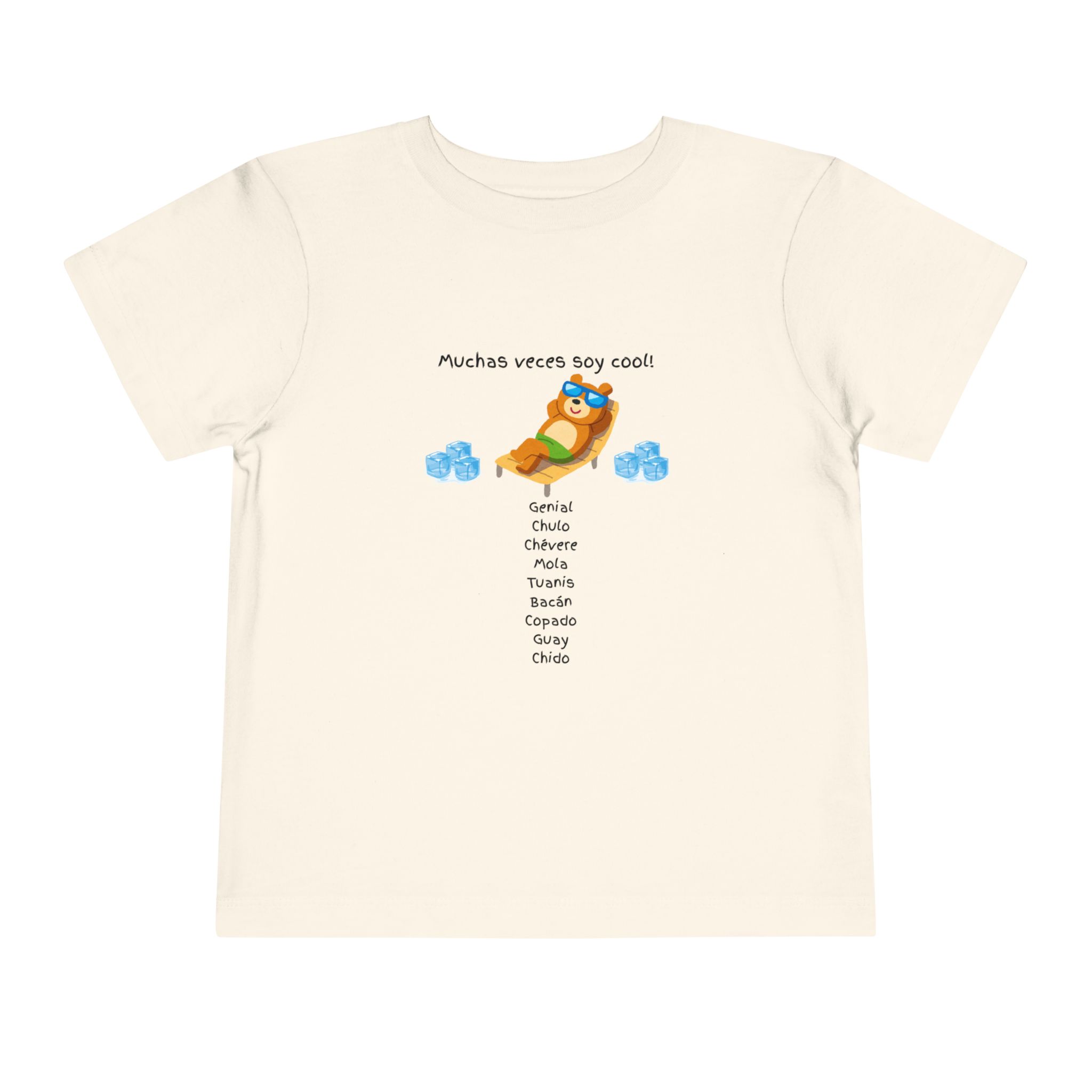 Toddler tee with "Muchas veces soy cool!" Spanish text and bear graphic
