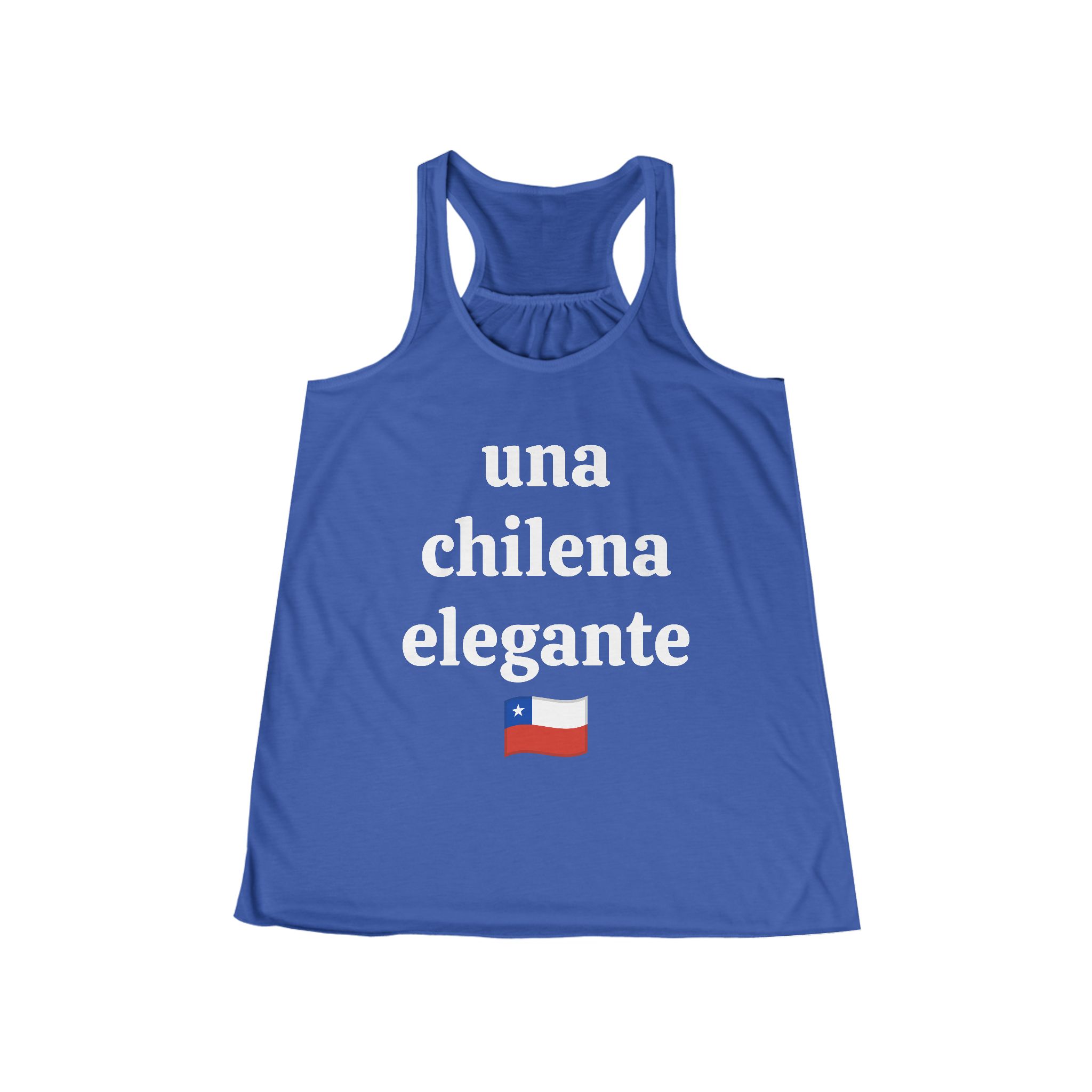 Molanizzi blue racerback tank top. "Una chilena elegante" with Chilean flag. Flowy summer top, casual style.