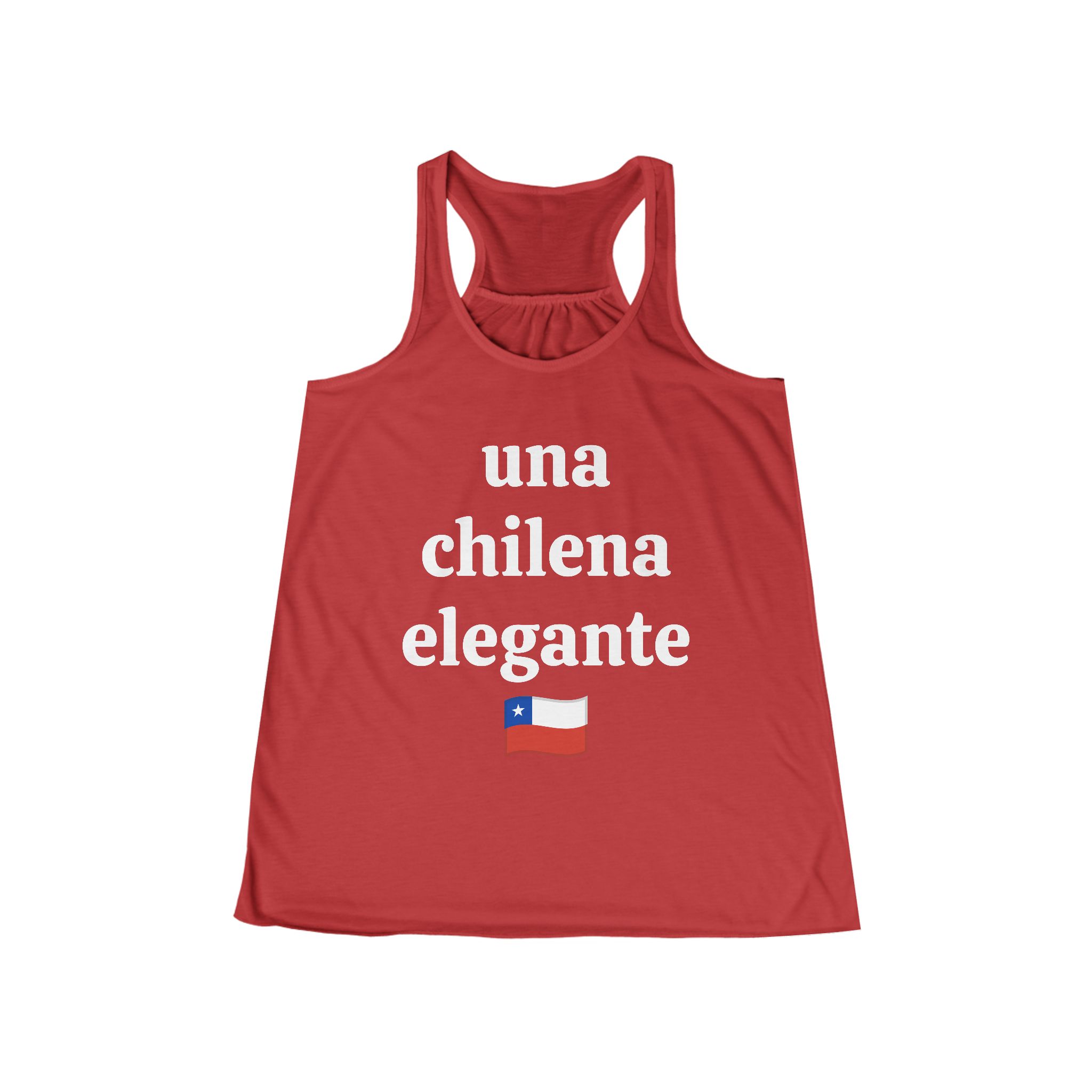 Molanizzi red racerback tank top featuring "una chilena elegante" and Chile flag. A flowy top perfect for summer!