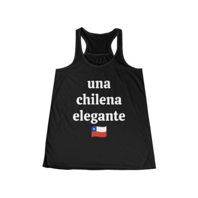Molanizzi black racerback tank top with "una chilena elegante" text and Chilean flag. Flowy style, perfect for summer.