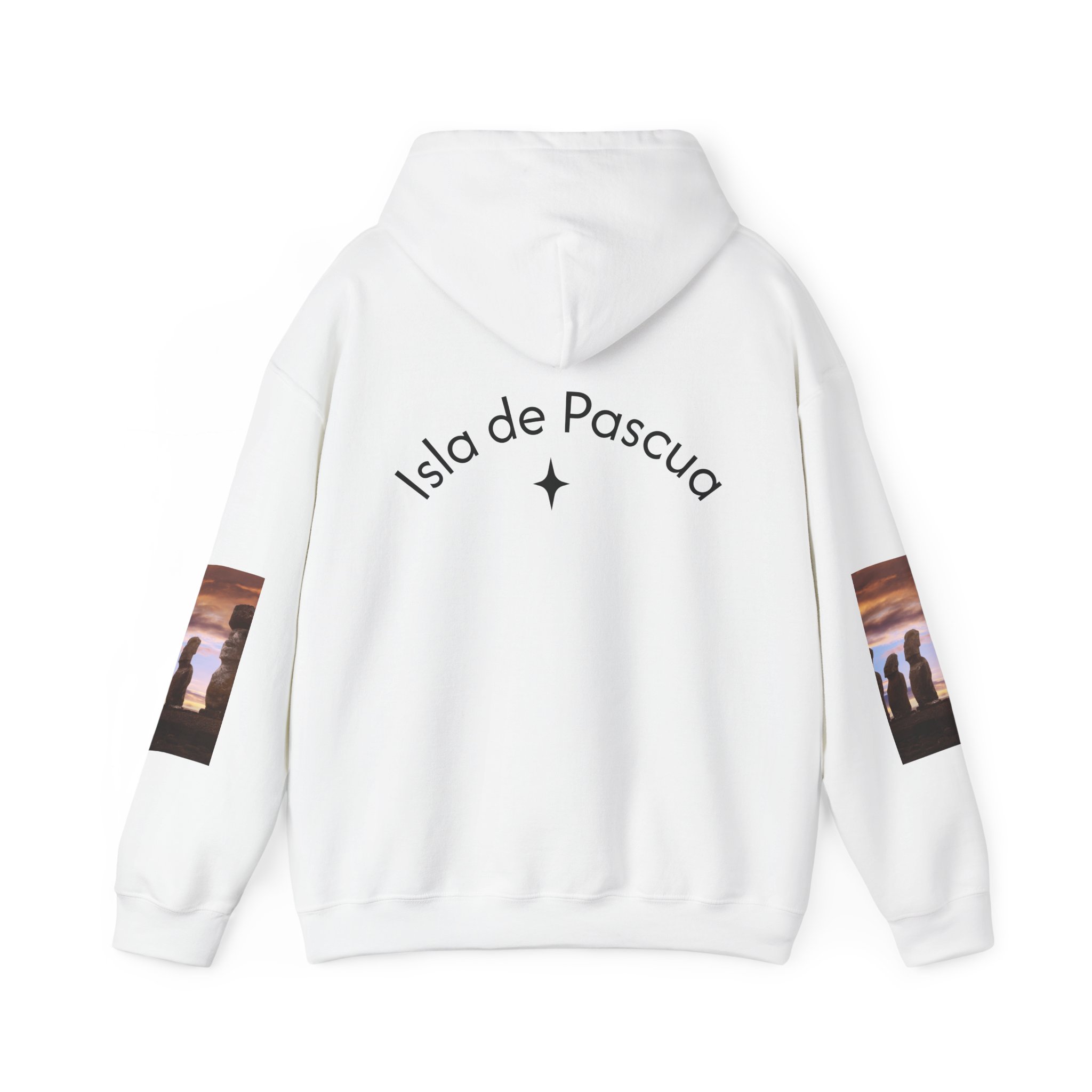 Hoodie sweatshirt with Easter Island Moai graphic and text. By Molanizzi