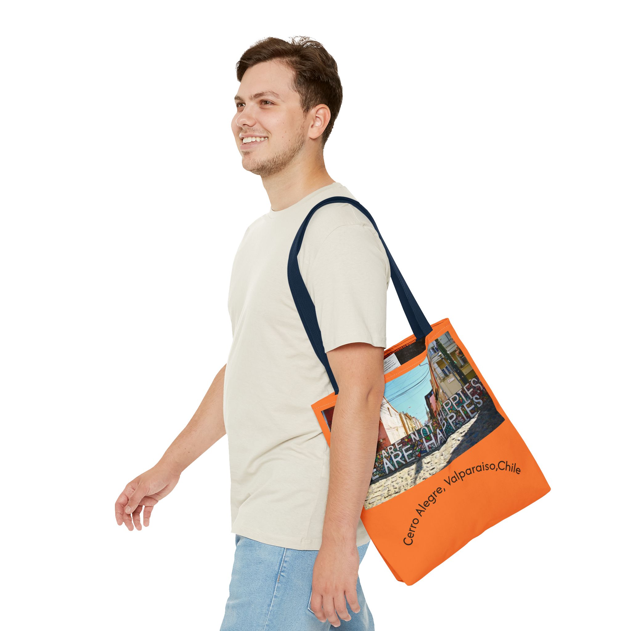 Orange colored Statement Tote bag with Valparaiso Graphic. By Molanizzi