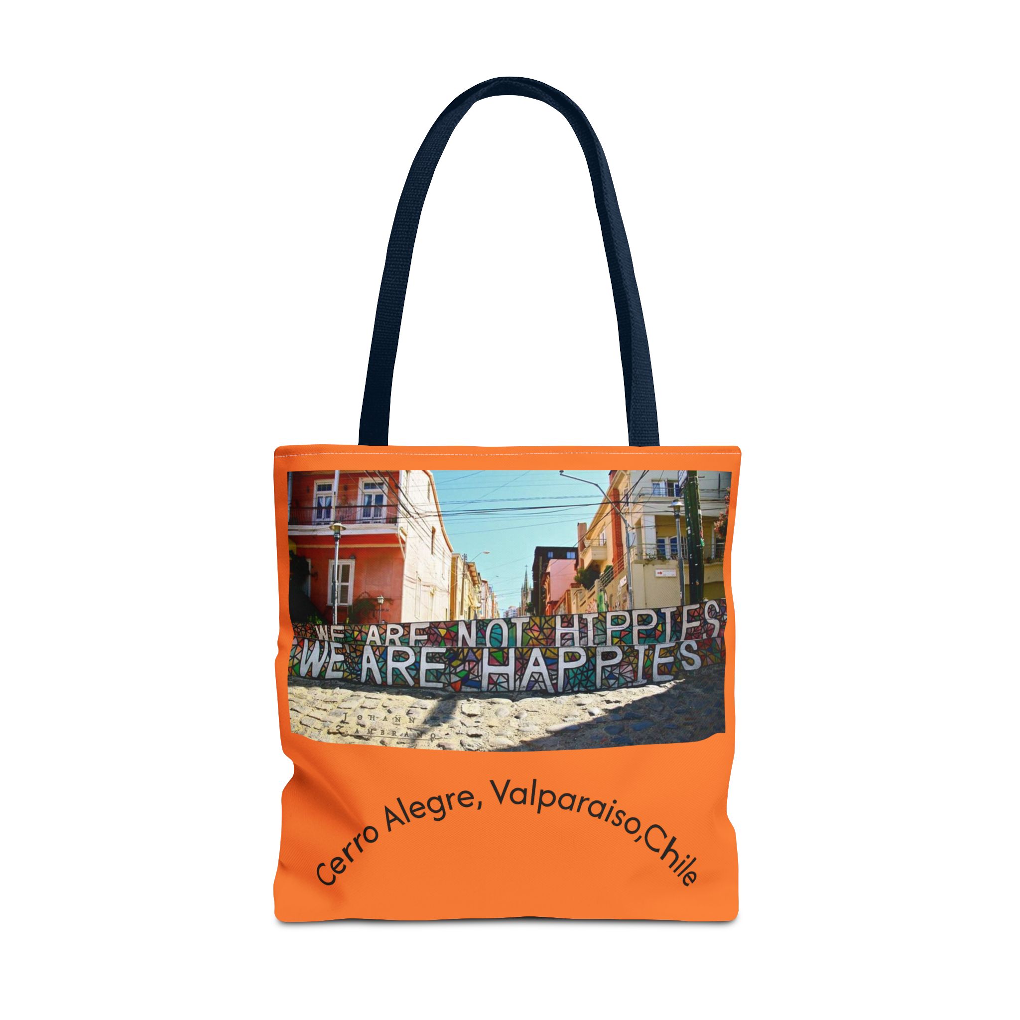Orange colored Statement Tote bag with Valparaiso Graphic. By Molanizzi