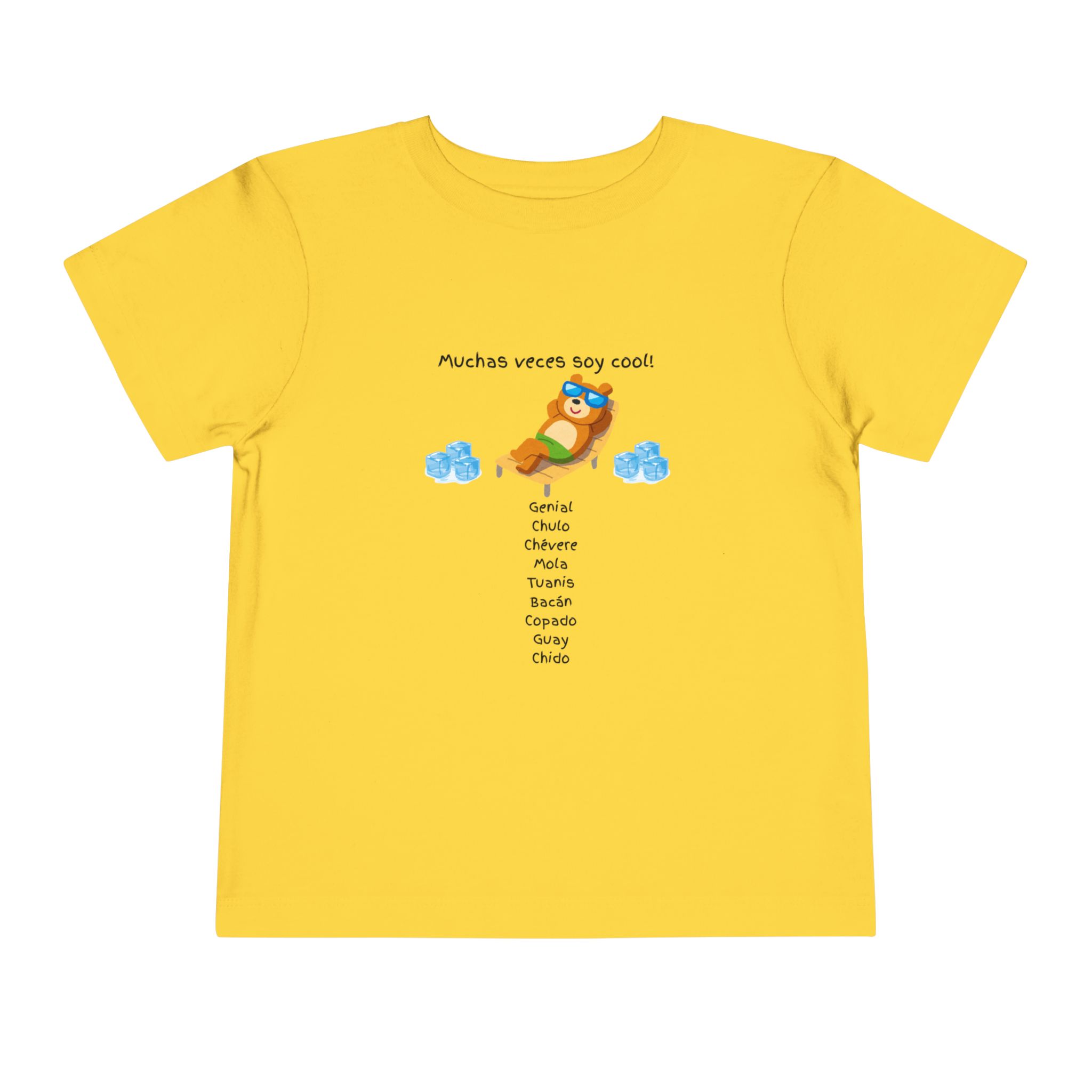 Toddler tee with "Muchas veces soy cool!" Spanish text and bear graphic