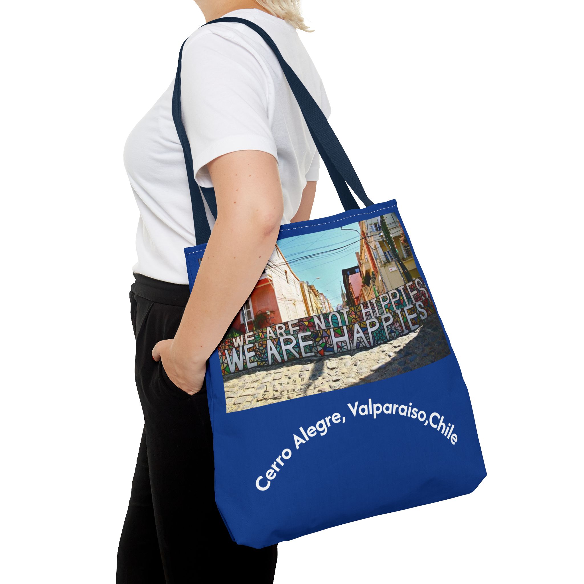 Molanizzi blue canvas travel tote bag with Valparaiso graffiti print.