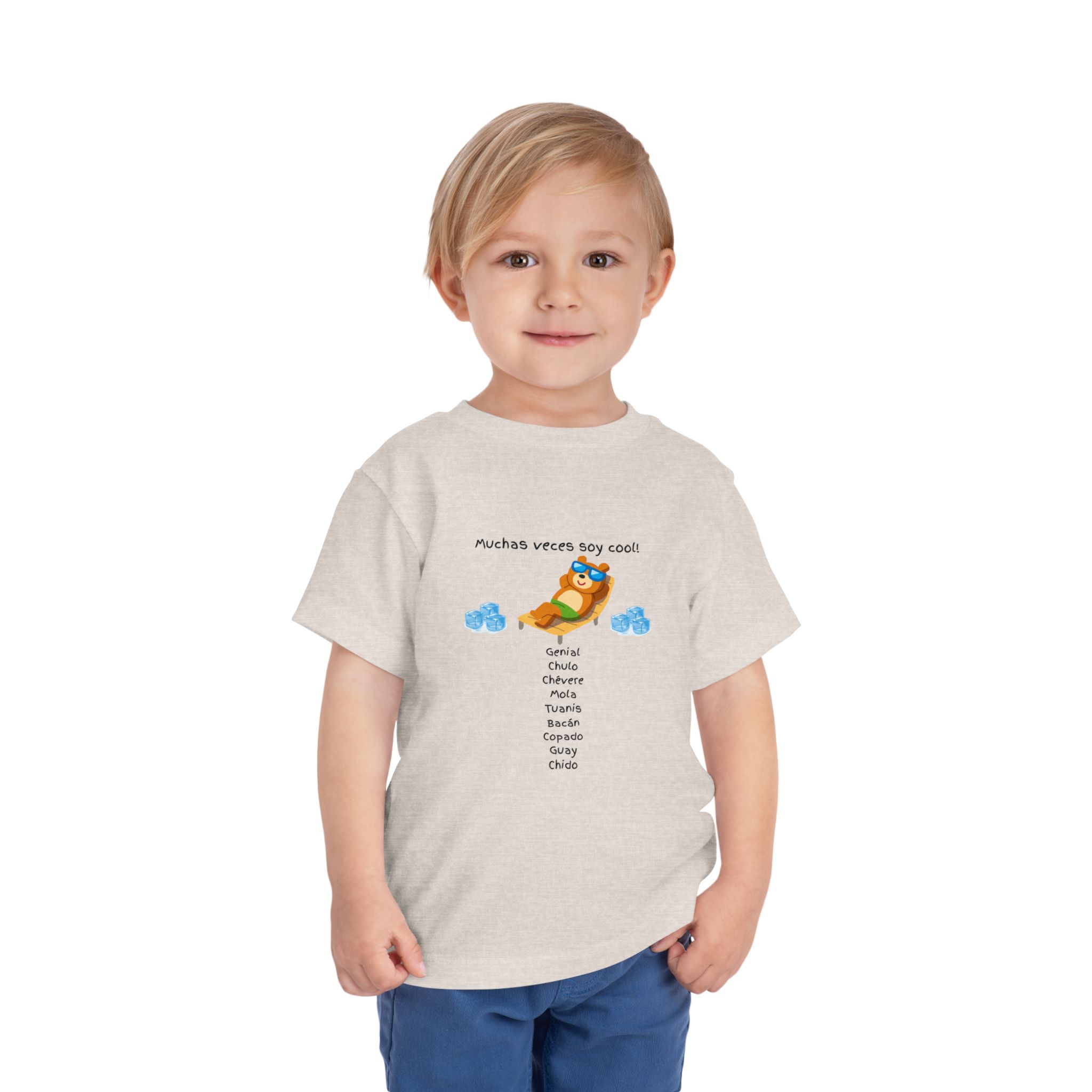 Toddler tee with "Muchas veces soy cool!" Spanish text and bear graphic