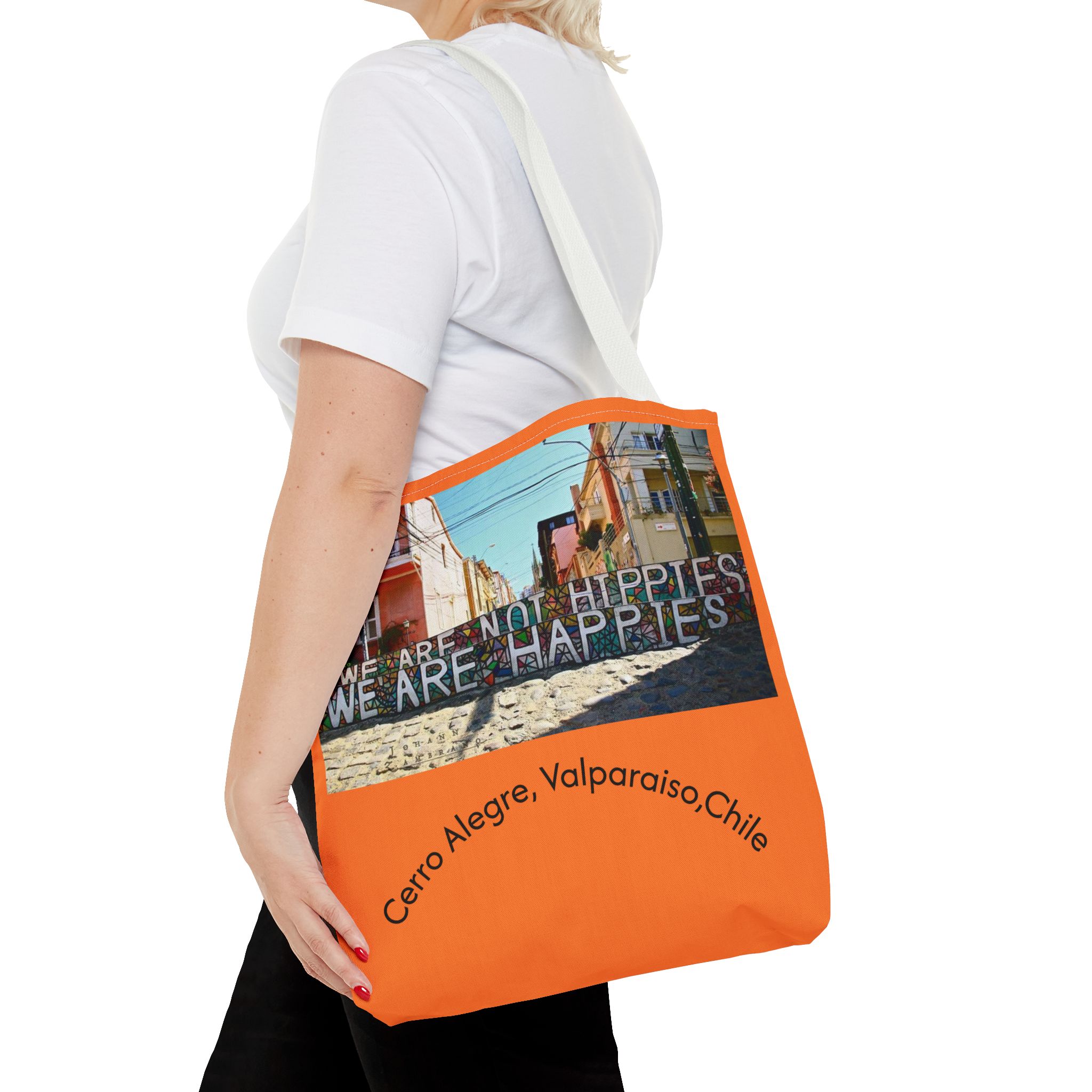 Orange colored Statement Tote bag with Valparaiso Graphic. By Molanizzi