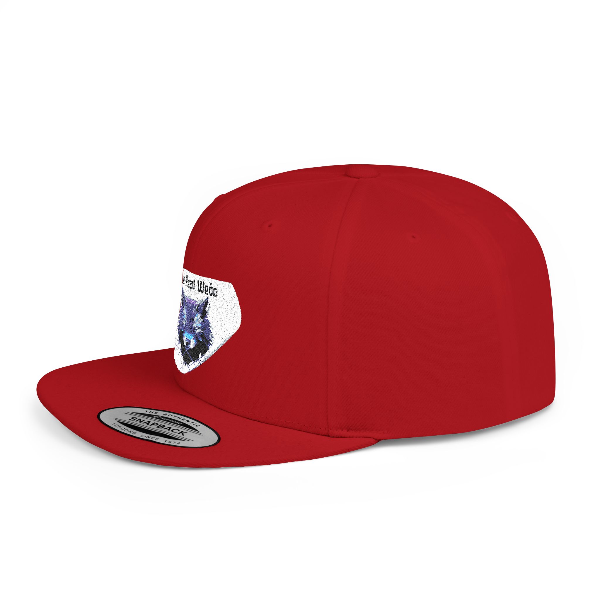 Flat bill snapback hat with a wolf graphic by Molanizzi