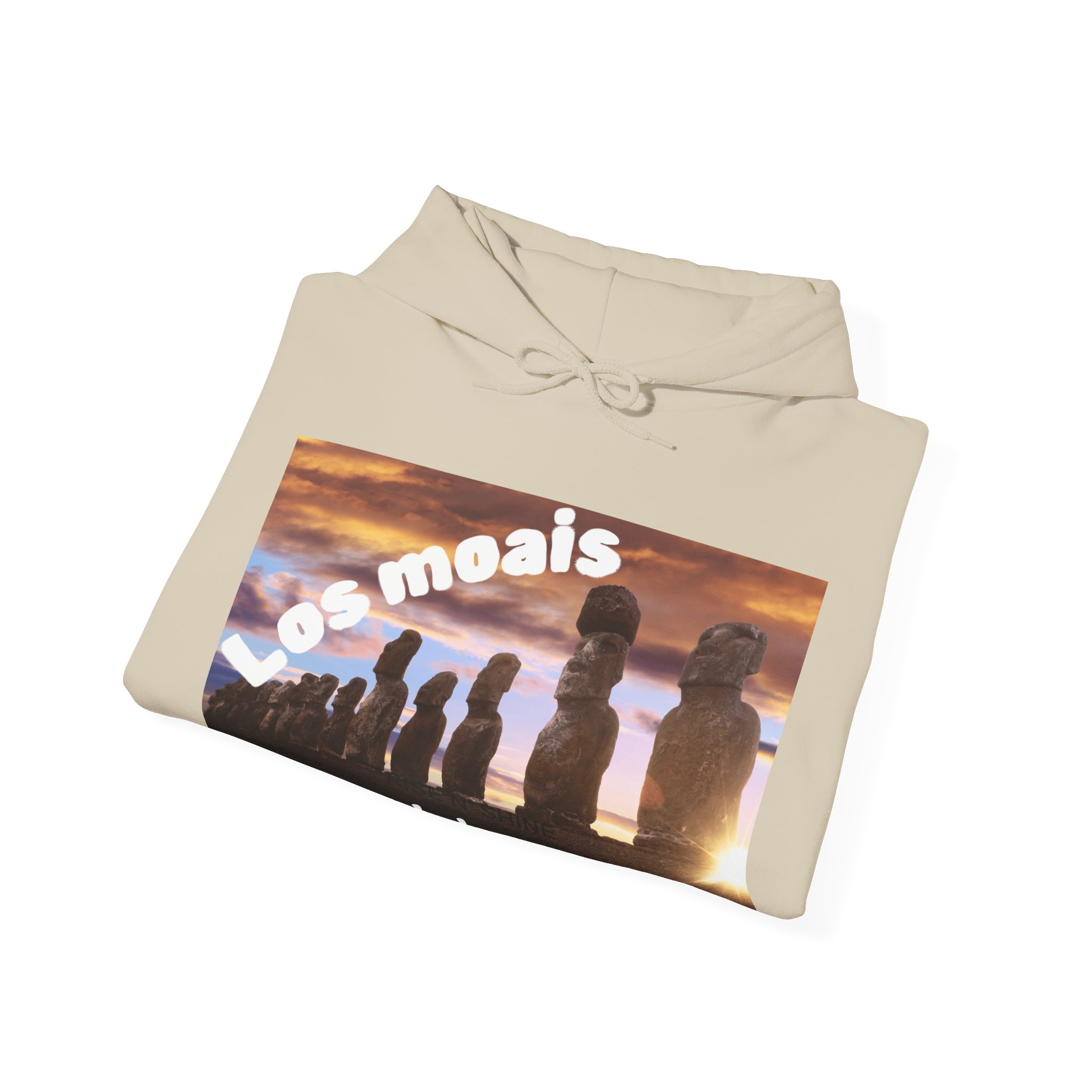 Hoodie sweatshirt with Easter Island Moai graphic and text. By Molanizzi