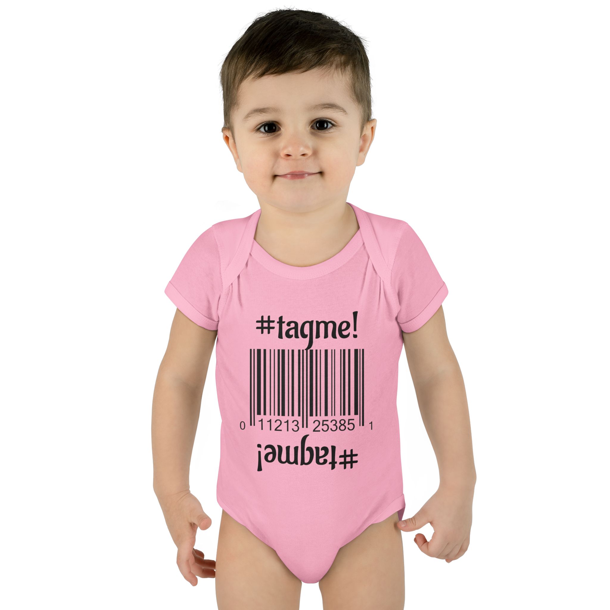 Cotton baby bodysuit with barcode and #tagme design by Molanizzi