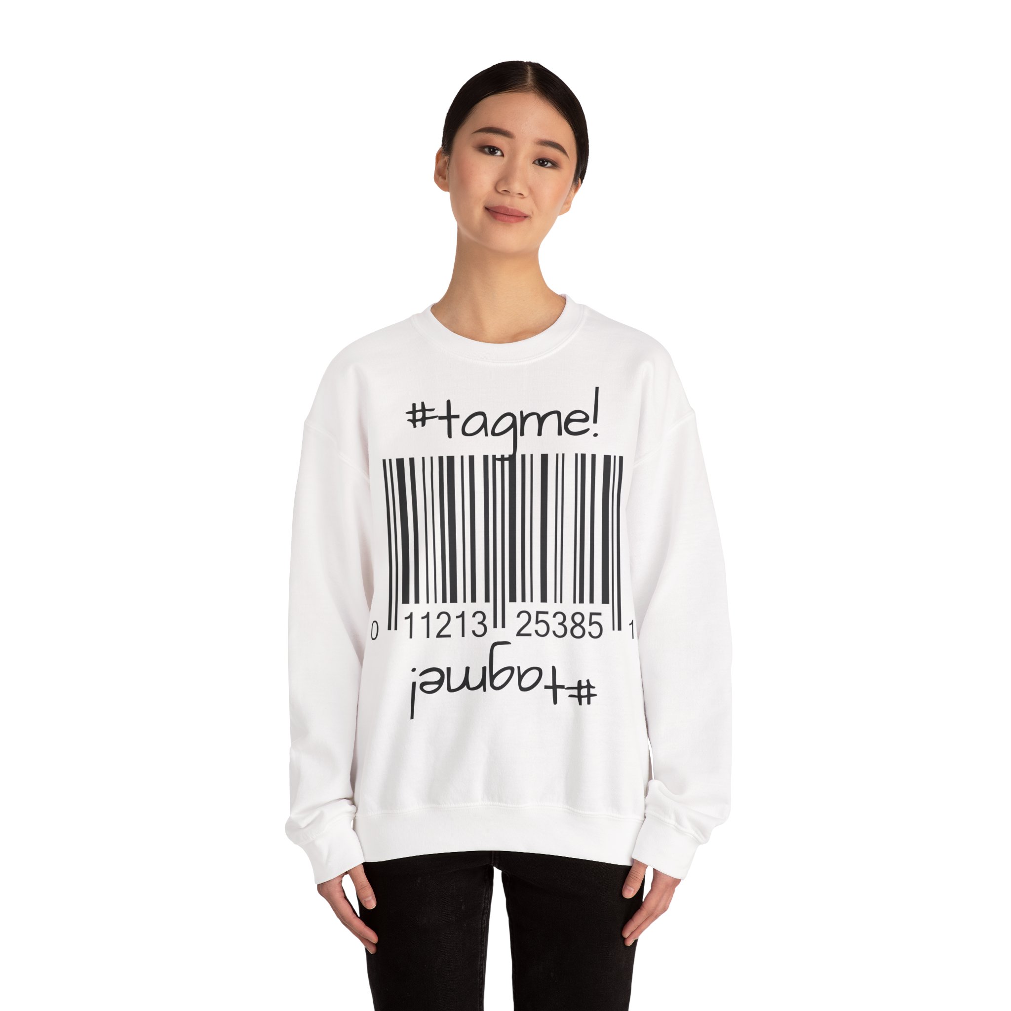 Crewneck sweatshirt with "#tagme!" barcode graphic by Molanizzi