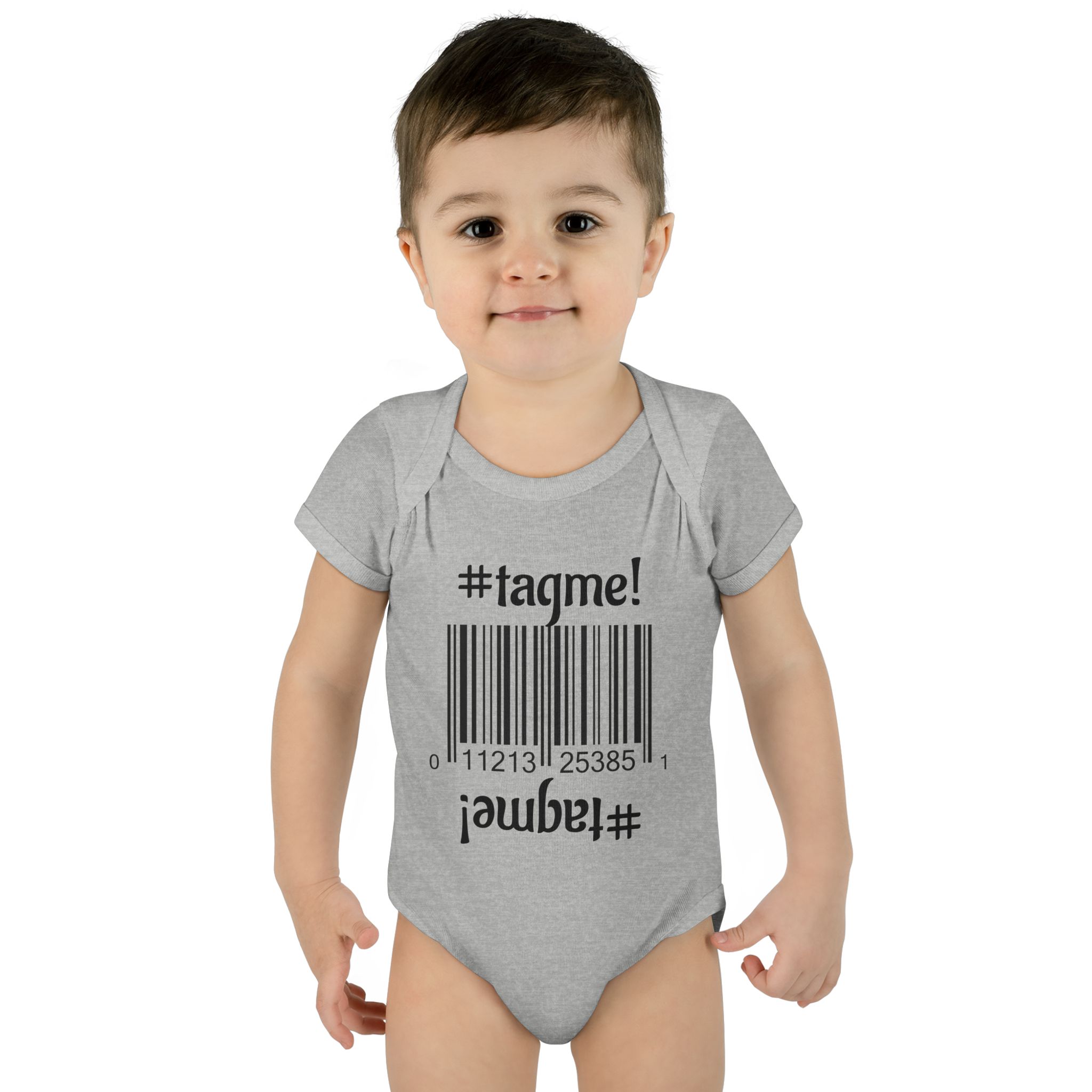 Cotton baby bodysuit with barcode and #tagme design by Molanizzi