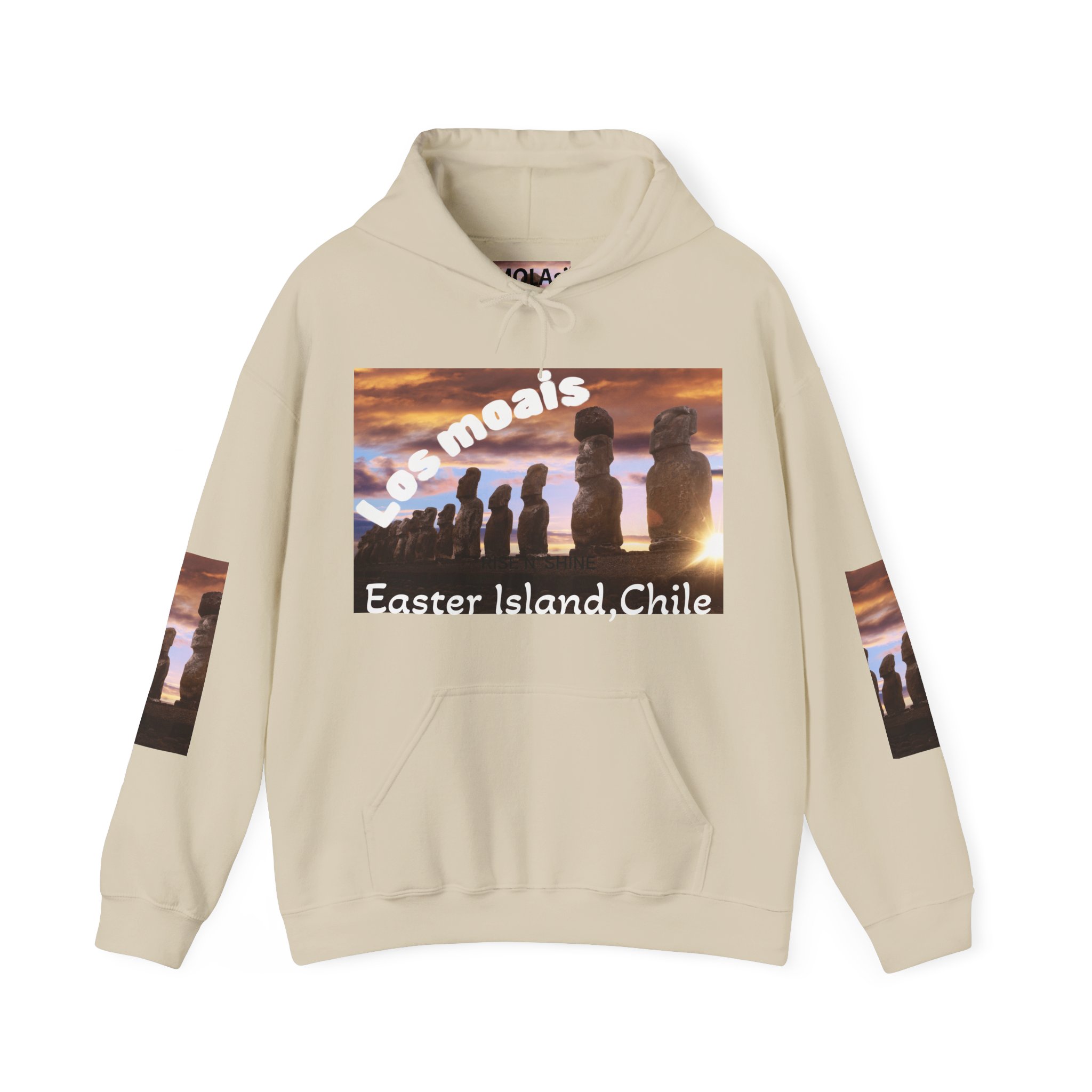 Hoodie sweatshirt with Easter Island Moai graphic and text. By Molanizzi